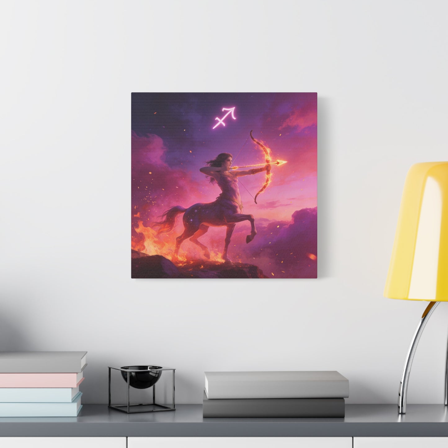 Sagittarius Centaur Archer Canvas Wall Art - Zodiac Fantasy Fire Bow Illustration - Purple Pink Matte Canvas Print - Bedroom Home Decoration, Living Room Wall Decor, Celestial Decor - Ready to Hang
