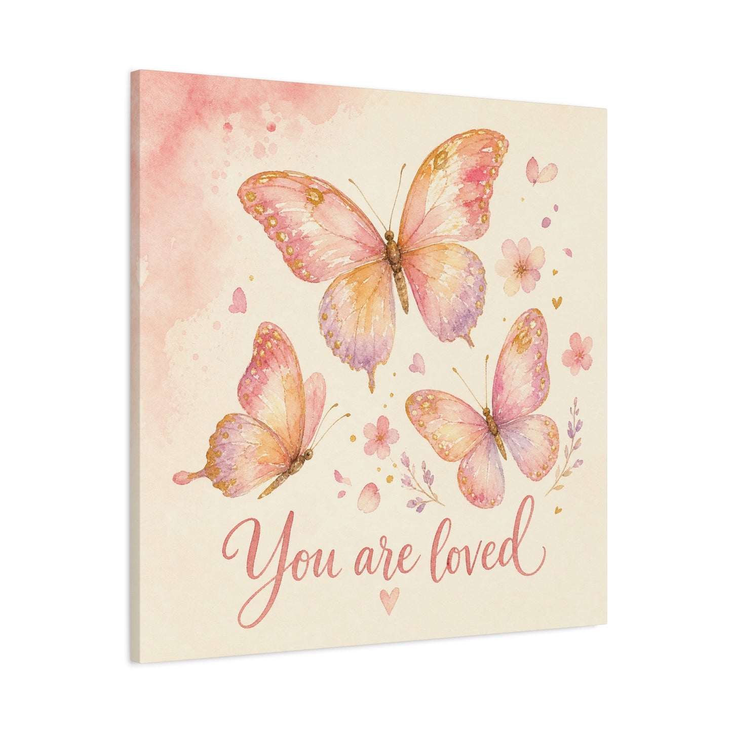 "You Are Loved" Butterfly Canvas Wall Art - Pink Watercolor Butterflies, Inspirational Nursery Decor - Soft Pastel Floral Home Decoration - Bedroom Wall Hanging, Baby Girl Room Accent - Ready to Hang