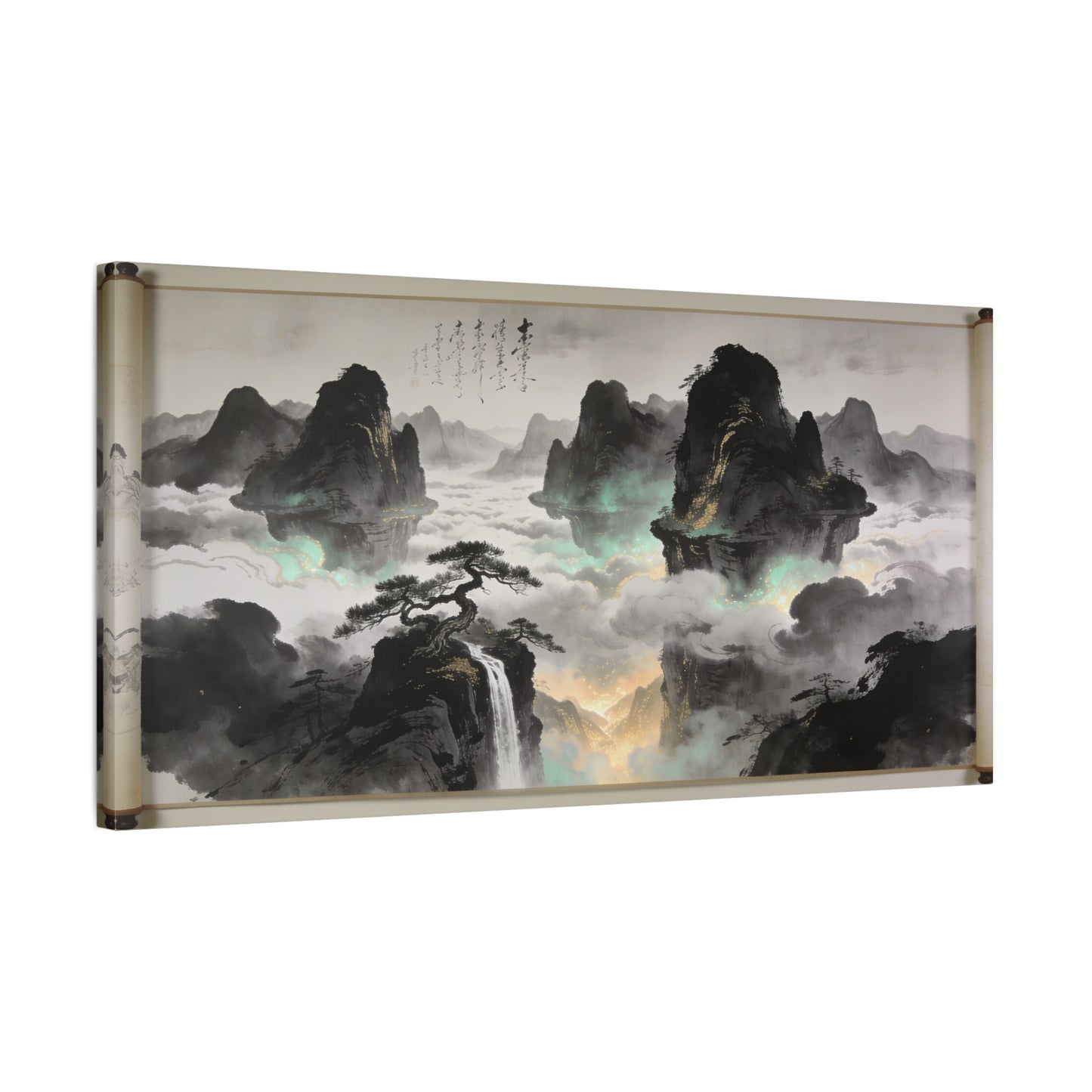Chinese Ink Landscape Canvas Wall Art - Misty Mountain Scroll Painting, Cloud Sea Waterfall, Calligraphy Detail - Contemporary Zen Style - Living Room Wall Decor, Bedroom Home Accent - Ready to Hang