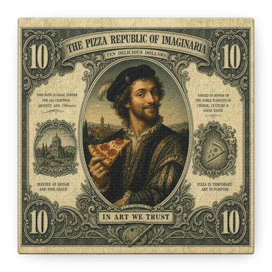 "The Pizza Republic Of Imaginaria" Canvas Wall Art - Vintage Typography Portrait Print, Renaissance Pizza Note Design, Eclectic Office Wall Decor, Cafe Wall Art, Humor Canvas - Reception Area Decor