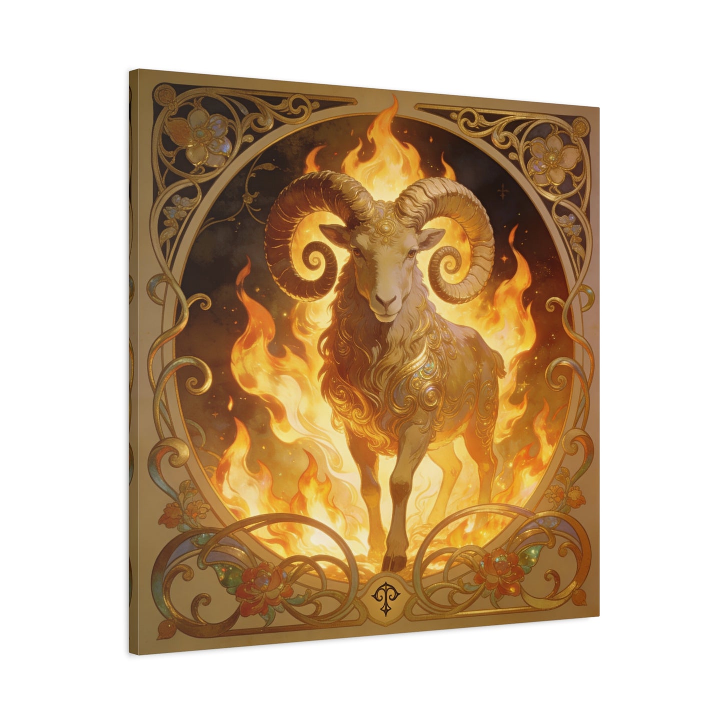Aries Ram Canvas Wall Art - Fiery Zodiac Illustration, Ornate Gold Nouveau Design - Matte Cotton Art Print - Bohemian Astrology Decor, Bedroom Home Decoration, Office Wall Art - Modern Farmhouse Style