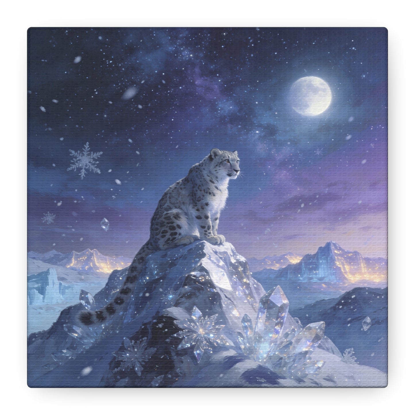 Snow Leopard Canvas Wall Art - Moonlit Arctic Crystal Landscape, Fantasy Wildlife Print - Matte Cotton Canvas - Contemporary Winter Style - Living Room Wall Decor Bedroom Home Decoration