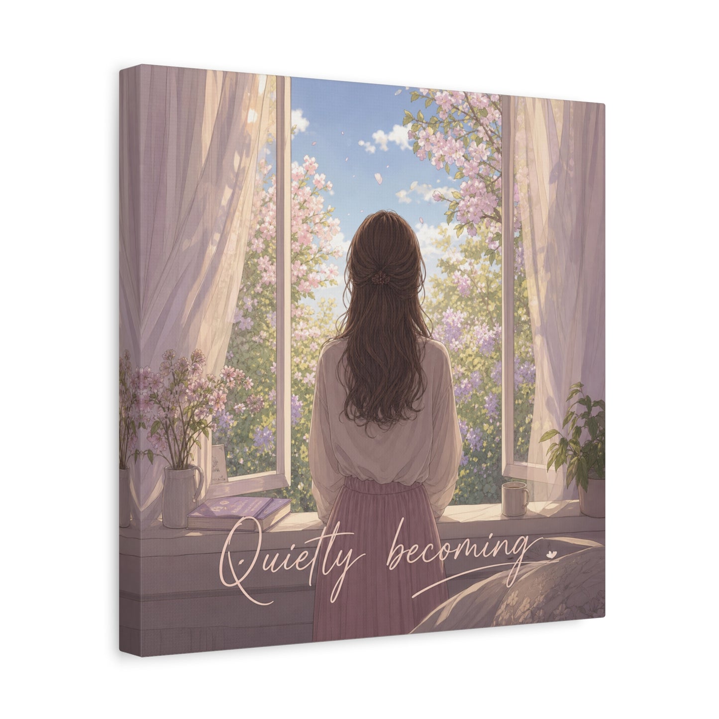 "Quietly Becoming" Girl At Window Canvas Wall Art - Cherry Blossom Bedroom Decor, Soft Pastel Inspirational Print, Dreamy Feminine Room Decoration - Bedroom Home Decoration - Living Room Wall Decor