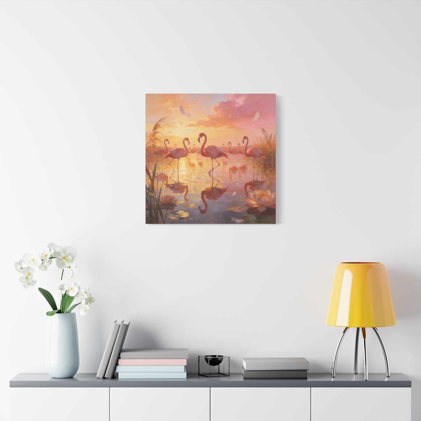 Pink Flamingo Canvas Wall Art - Sunset Wetland Birds, Lotus Pond Reflections - Dreamy Tropical Illustration, Matte Canvas Print - Living Room Wall Decor, Bedroom Home Decoration - Ready to Hang