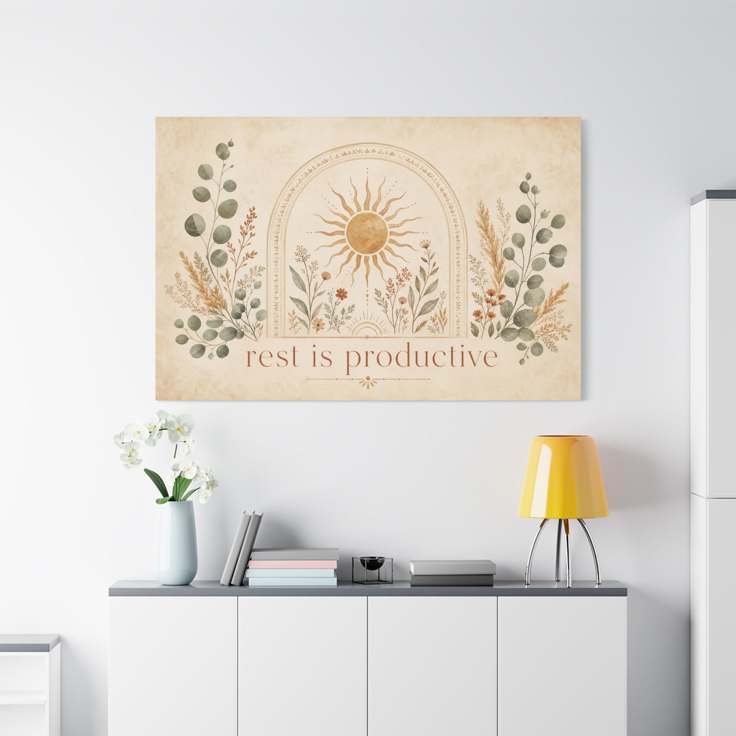 "Rest Is Productive" Inspirational Canvas Wall Art - Boho Sun And Botanical Arch Print - Neutral Typography Decor - Bedroom Living Room Decoration - Office Wall Art - Bedroom Home Decoration