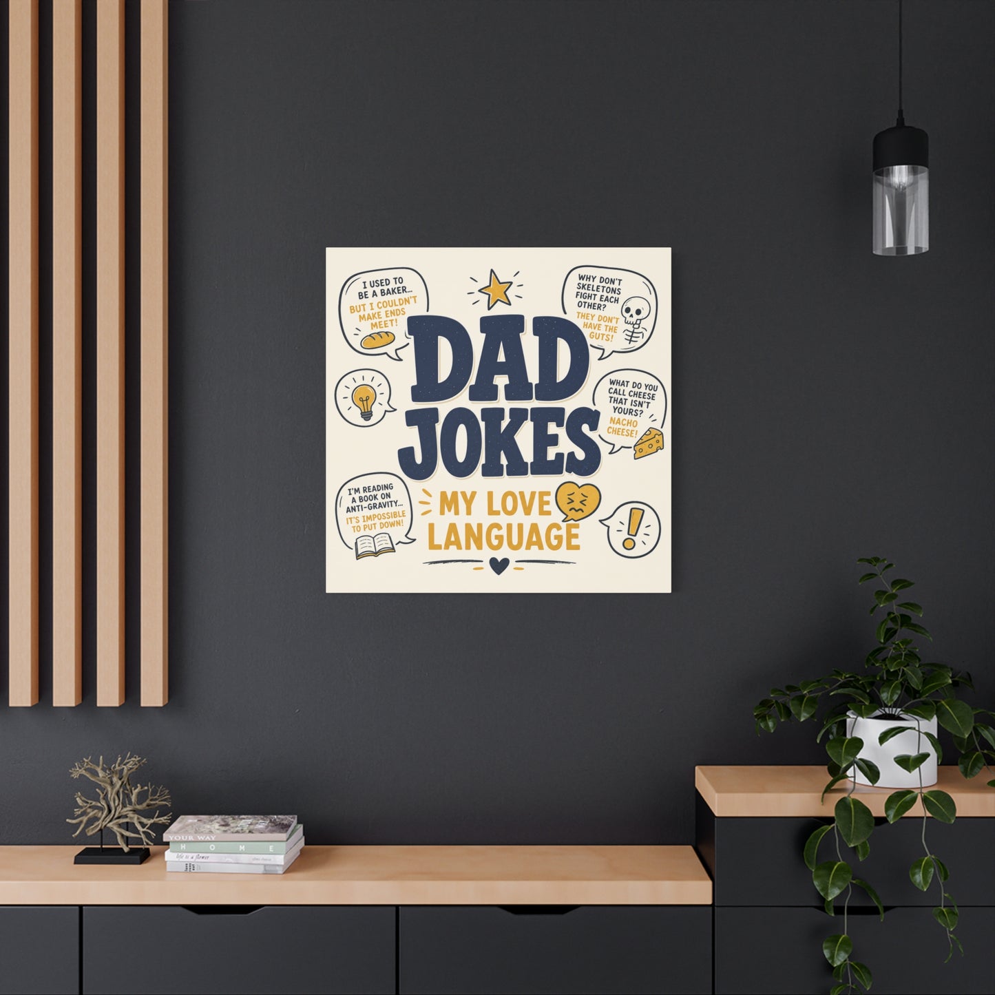"Dad Jokes My Love Language" Funny Quote Canvas Wall Art - Pun Typography Print, Retro Humor Decor, Home Office Wall Decor, Man Cave Decoration, Novelty Room Accent - Ready to Hang - Ready to Hang