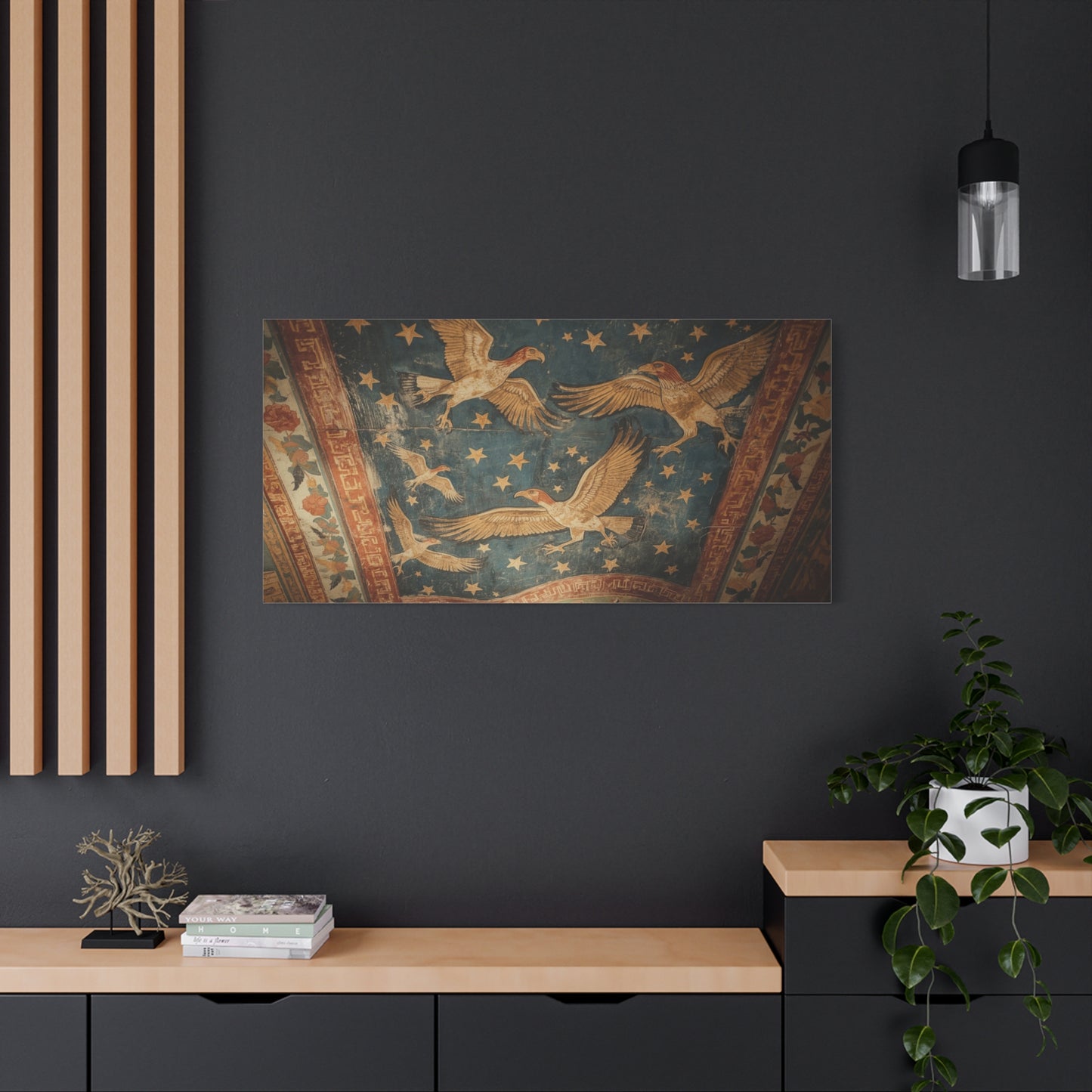 Ancient Eagle Ceiling Fresco Canvas Wall Art - Starry Bird Mural Print, Classical Blue And Gold Illustration - Vintage Traditional Style - Living Room Wall Decor Office Art - Bedroom Home Decoration