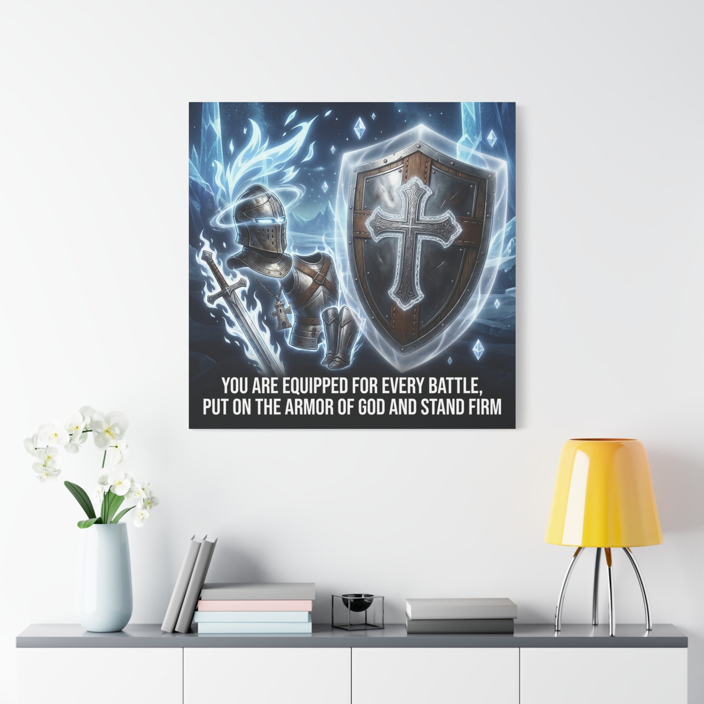 "You Are Equipped For Every Battle, Put On The Armor Of God And Stand Firm" Christian Canvas Wall Art - Knight Armor, Cross Shield, Scripture Decor - Blue Fantasy Style - Living Room - Office Wall Art