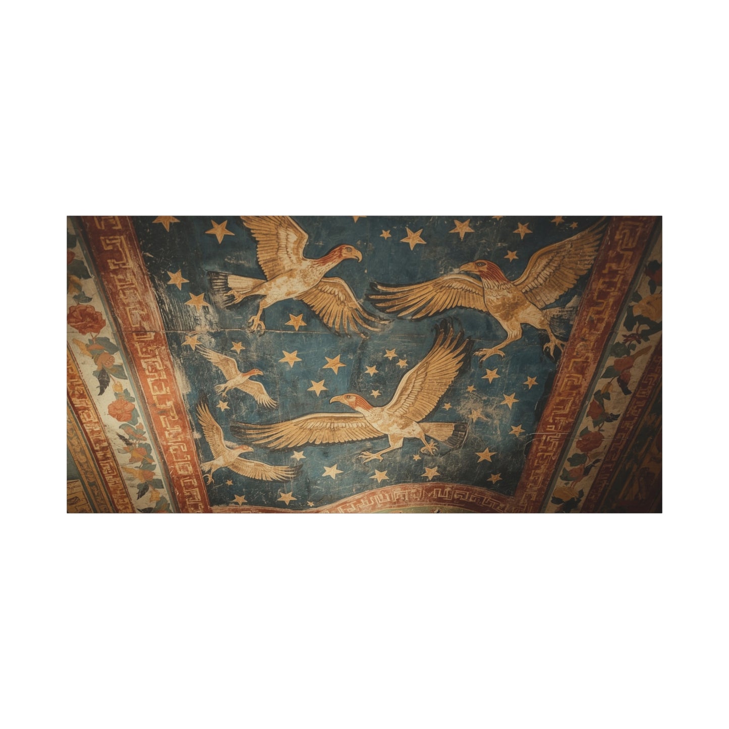Ancient Eagle Ceiling Fresco Canvas Wall Art - Starry Bird Mural Print, Classical Blue And Gold Illustration - Vintage Traditional Style - Living Room Wall Decor Office Art - Bedroom Home Decoration
