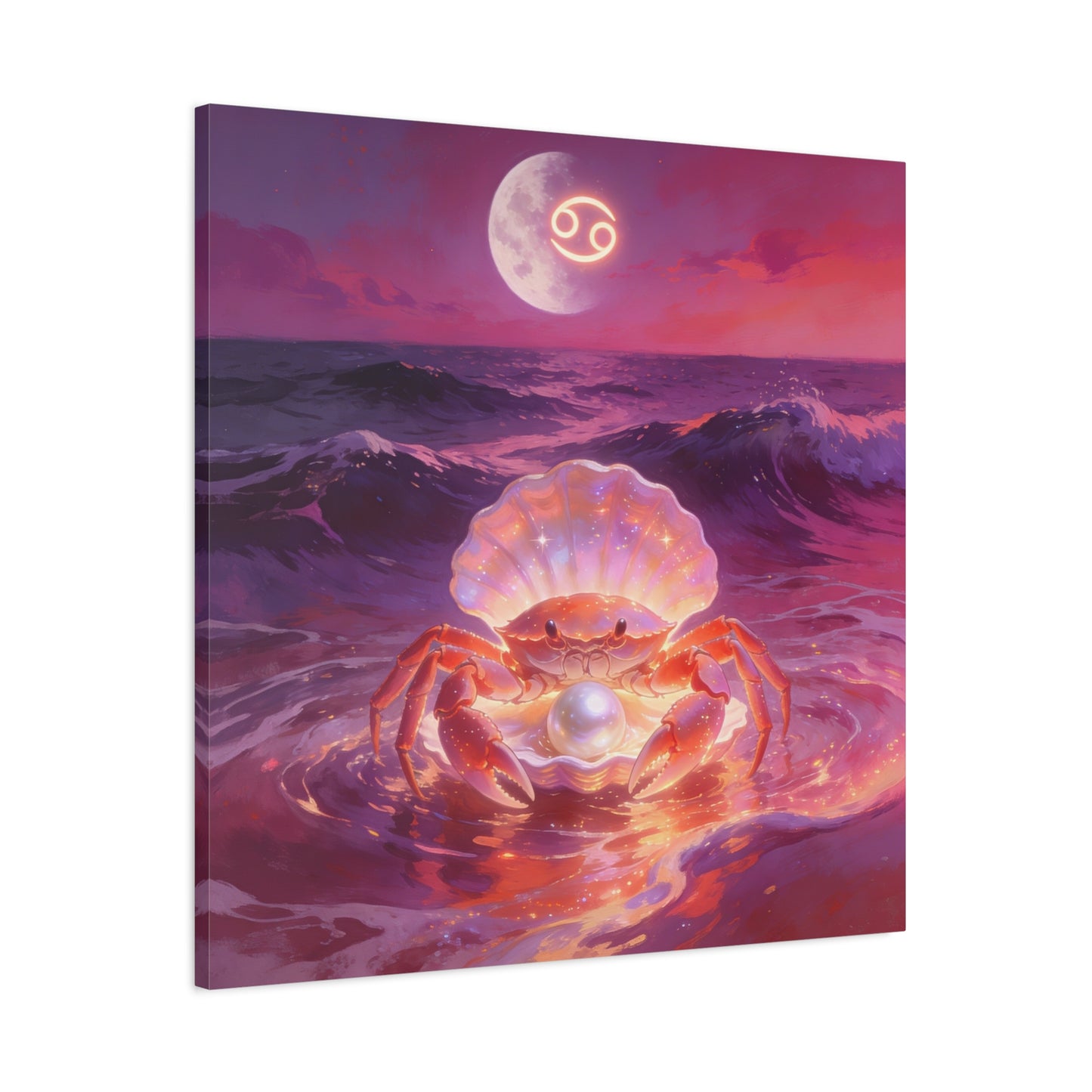 Cancer Zodiac Crab Canvas Wall Art - Moonlit Ocean Pearl Illustration, Pink Purple Seascape - Surreal Coastal Style - Living Room Wall Decor, Bedroom Home Decoration - Bedroom Home Decoration