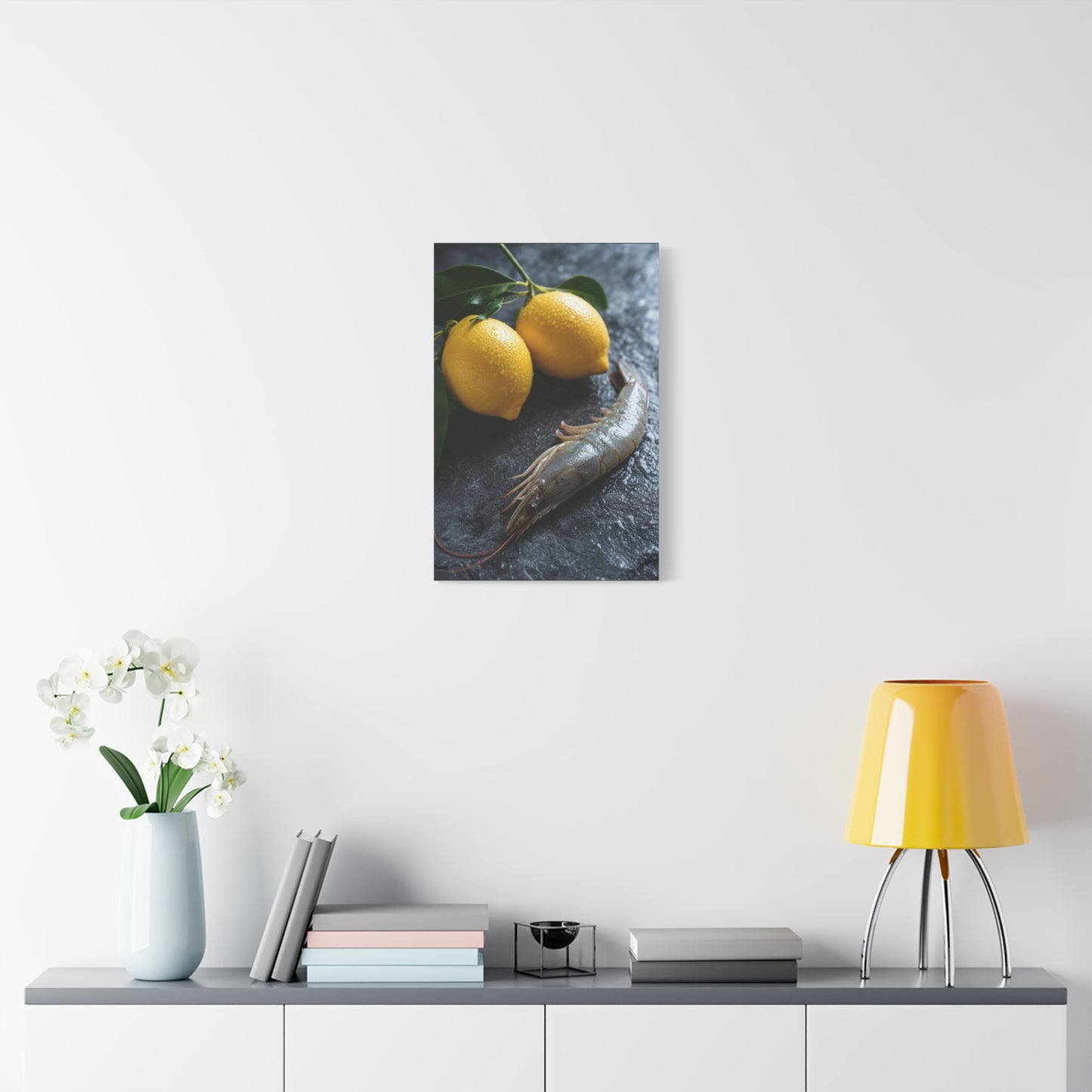 Lemon And Shrimp Canvas Wall Art - Still Life Food Art Print, Moody Kitchen Decor - Matte Cotton Art Print - Contemporary Dining Room Accent, Coastal Restaurant Wall Decor - Bedroom Home Decoration