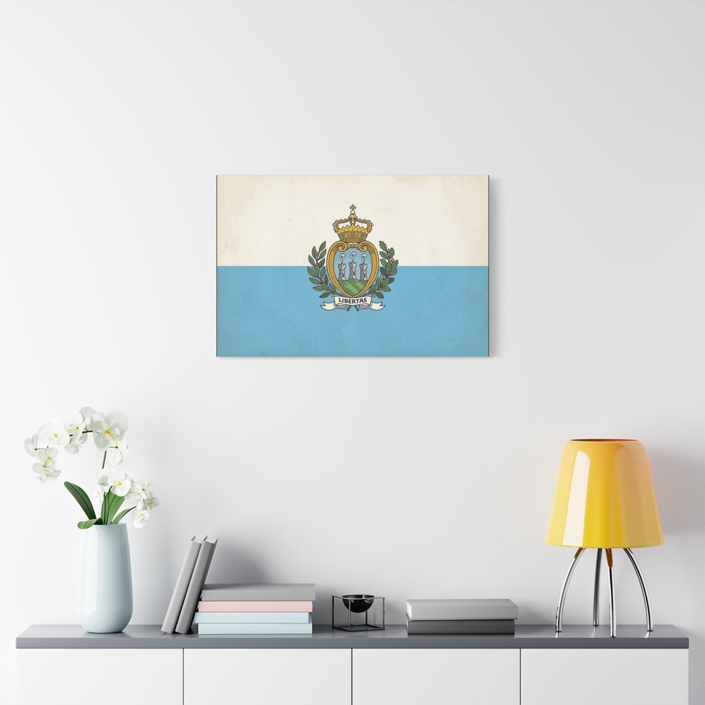 "Libertas" San Marino Flag Canvas Wall Art - Vintage Republic Crest Print, Blue White Heraldic Decor - Traditional Patriotic Style - Living Room Wall Decor - Bedroom Home Decoration - Ready to Hang