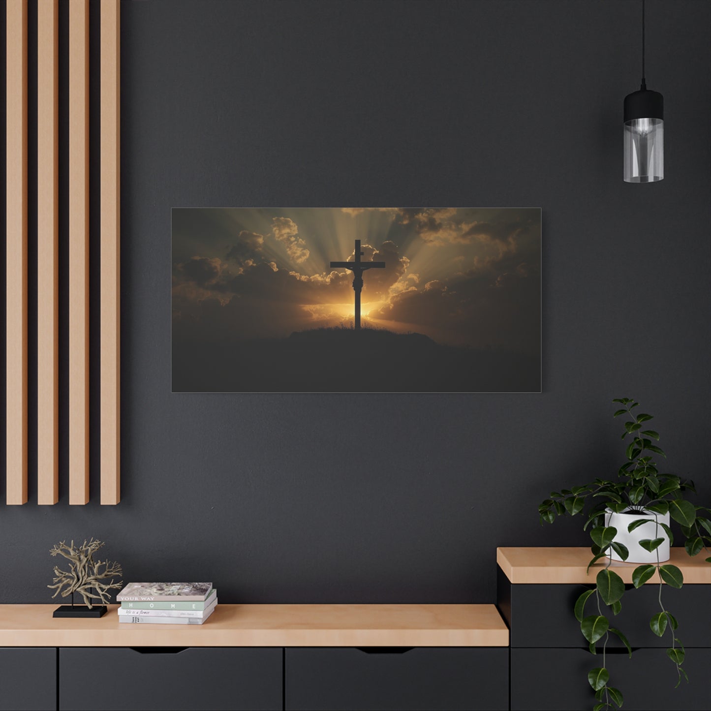 Jesus Christ Crucifix Canvas Wall Art - Sunset Cross Silhouette, Golden Sky Rays - Matte Cotton Print - Religious Christian Decor For Living Room, Bedroom, Office Wall Display - Modern Farmhouse Style