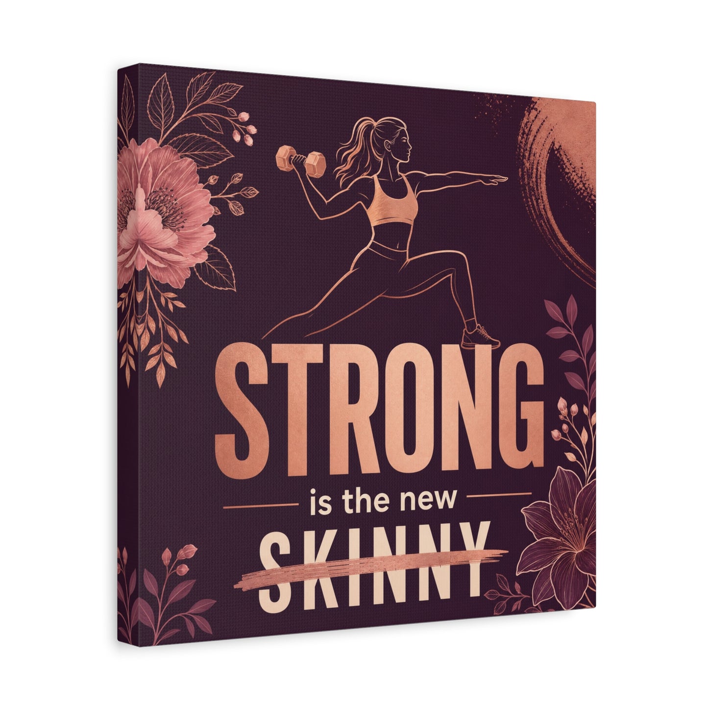"Strong Is The New Skinny" Fitness Canvas Wall Art - Woman With Dumbbell Floral Quote Print - Rose Gold Motivational Decor - Modern Bedroom Wall Decor - Bedroom Home Decoration - Cozy Reading Nook Art