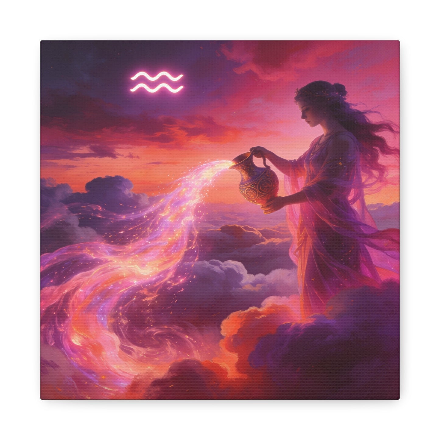 Aquarius Goddess Canvas Wall Art - Zodiac Woman Pouring Celestial Water, Fantasy Sky Illustration - Pink Purple Matte Canvas Print - Bedroom Wall Decor, Bohemian Home Accent - Bedroom Home Decoration