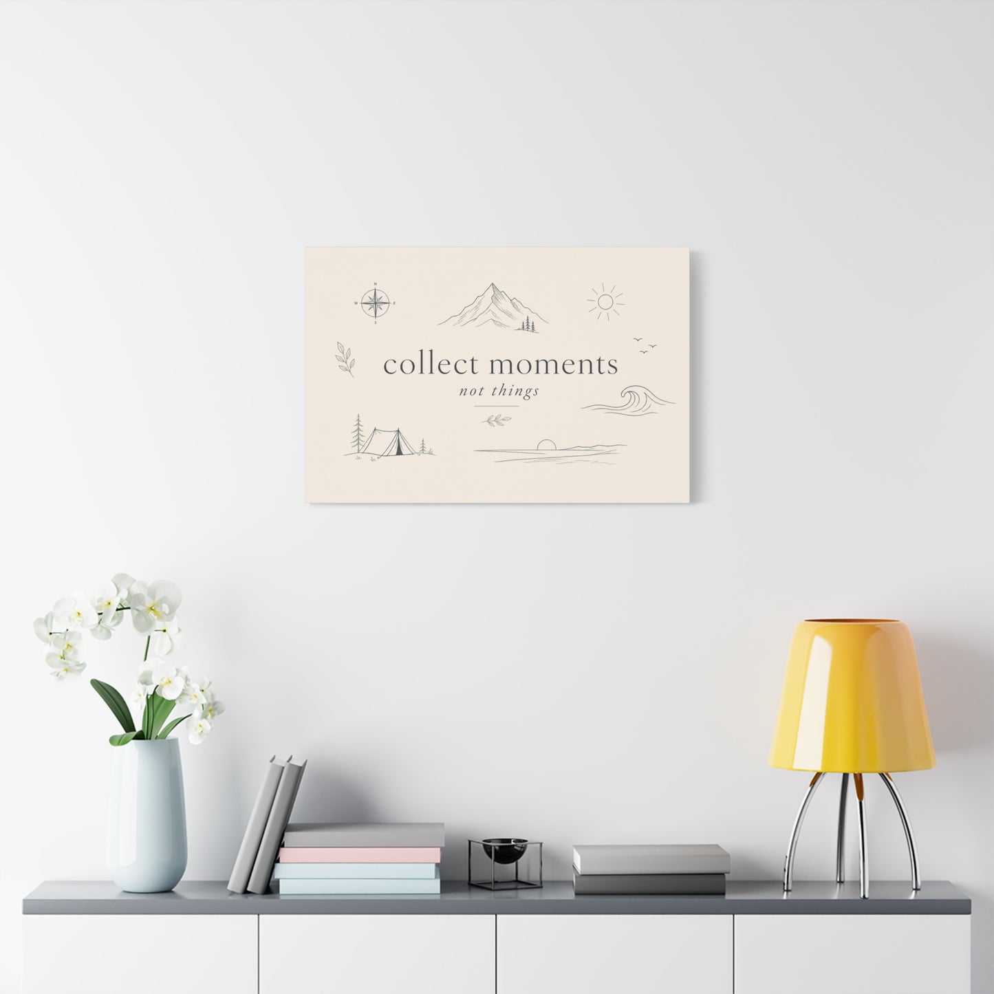 "Collect Moments Not Things" Minimalist Canvas Wall Art - Mountain, Compass, Wave Line Drawing - Neutral Typography Print - Boho Modern Wall Decor For Living Room, Bedroom, Office Accent