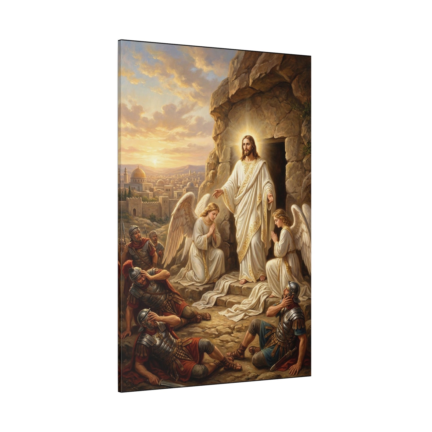 Jesus Christ Resurrection Canvas Wall Art - Empty Tomb, Angels, Roman Soldiers - Traditional Religious Print, Golden Dawn Scene - Living Room Wall Decor, Bedroom Home Decoration - Ready to Hang