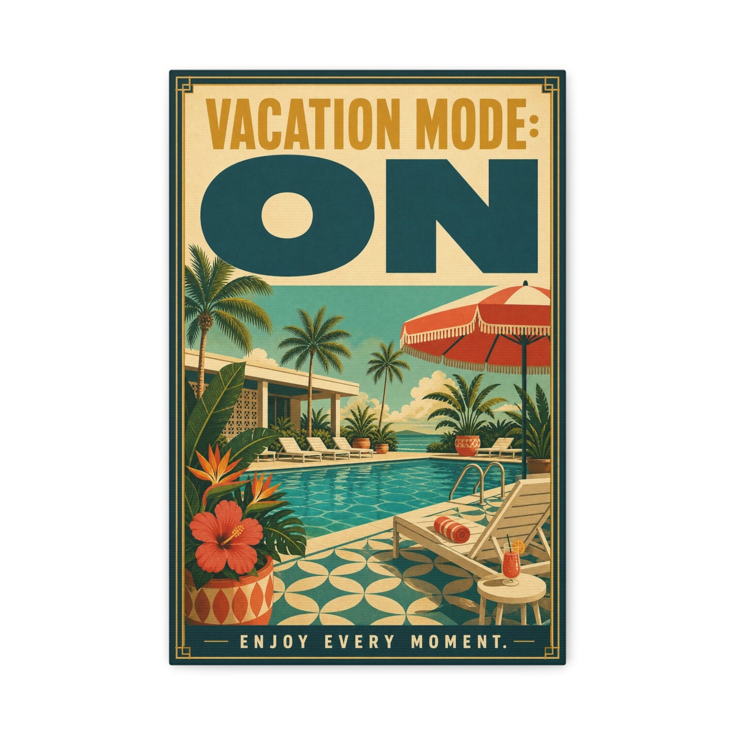 "Vacation Mode: On" Tropical Poolside Canvas Wall Art - Retro Resort Poster Print, Palm Tree Coastal Decor, Vintage Travel Style, Living Room Wall Decor, Vacation Rental Decoration - Ready to Hang