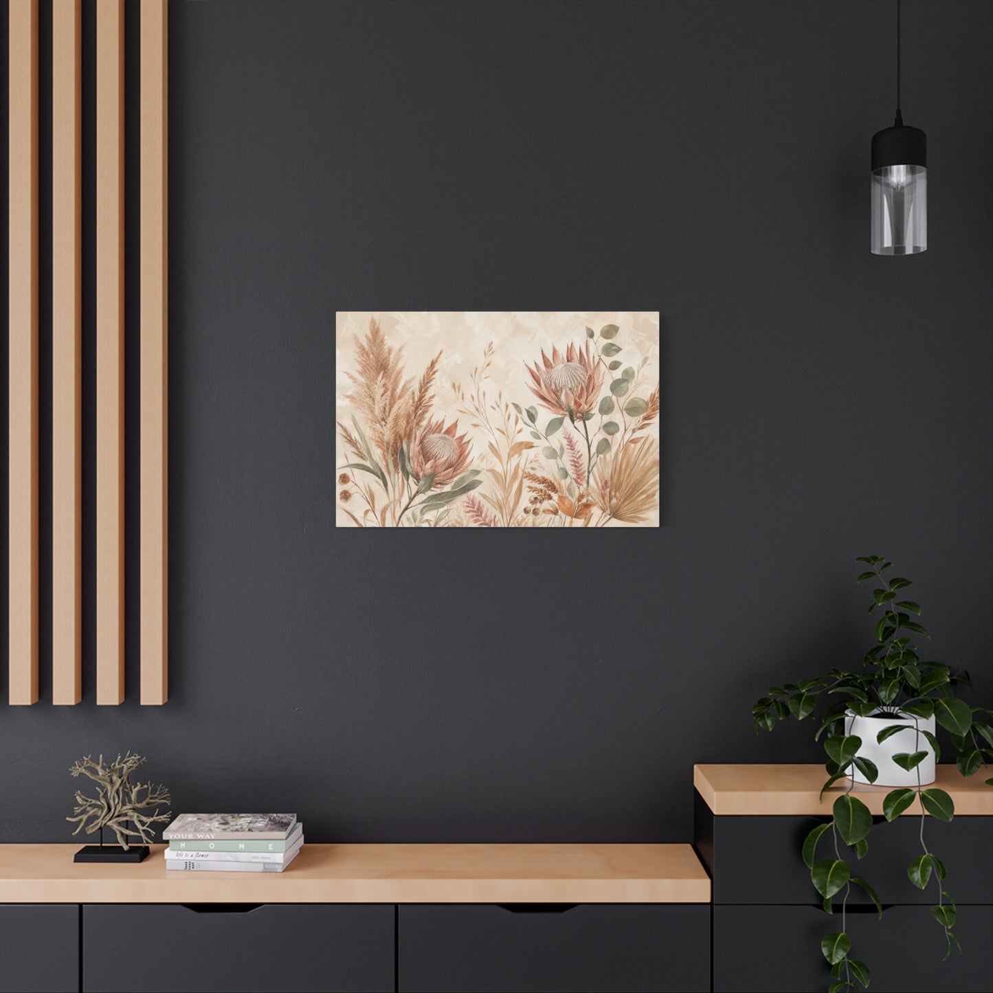 Protea Botanical Canvas Wall Art - Pampas Grass, Eucalyptus Floral Print - Neutral Boho Farmhouse Decor - Beige Sage Nature Painting - Ready to Hang
