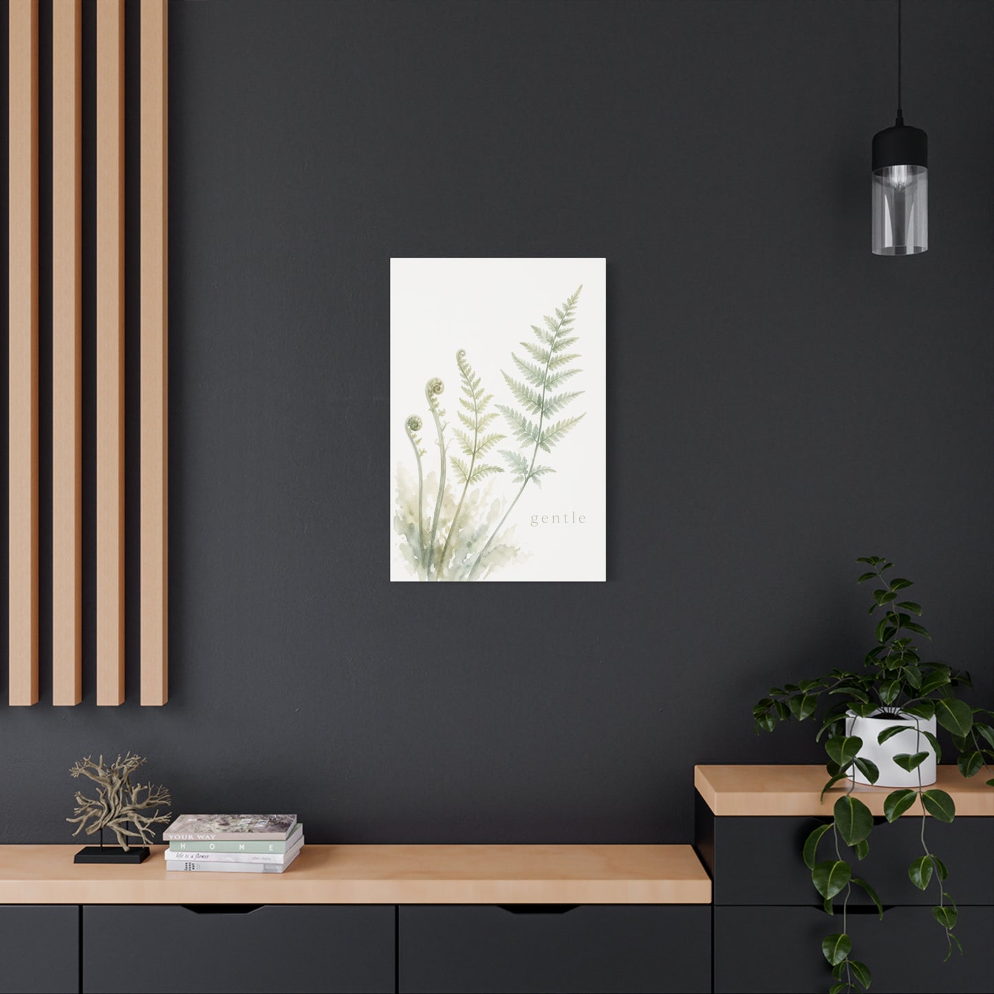 "Gentle" Fern Botanical Canvas Wall Art - Watercolor Green Leaf Print, Minimalist Nature Decor - Calming Bedroom Wall Decor, Bathroom Decoration, Spa Style Home Accent - Bedroom Home Decoration