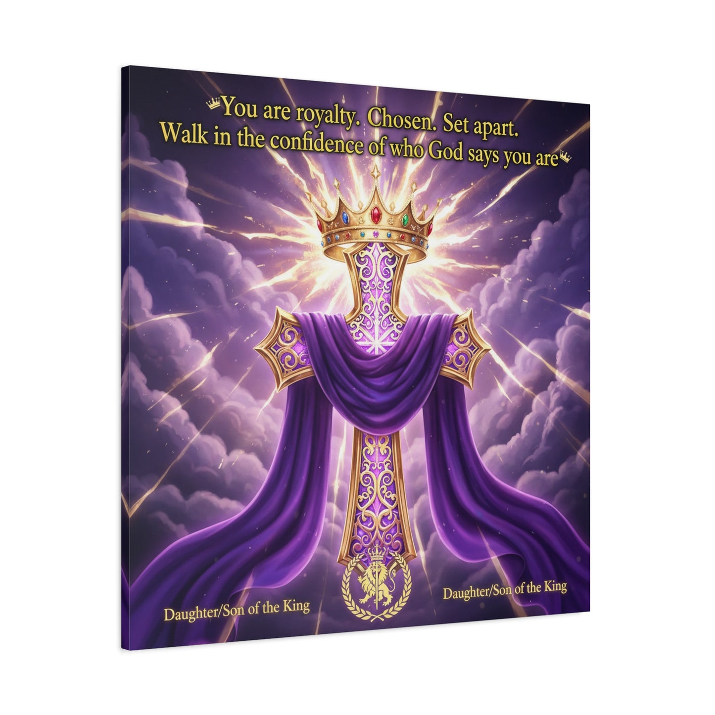 "You Are Royalty. Chosen. Set Apart." Christian Canvas Wall Art - Crowned Cross With Purple Draped Cloth, Daughter Son Of The King Quote - Religious Wall Decor For Bedroom, Office - Ready to Hang