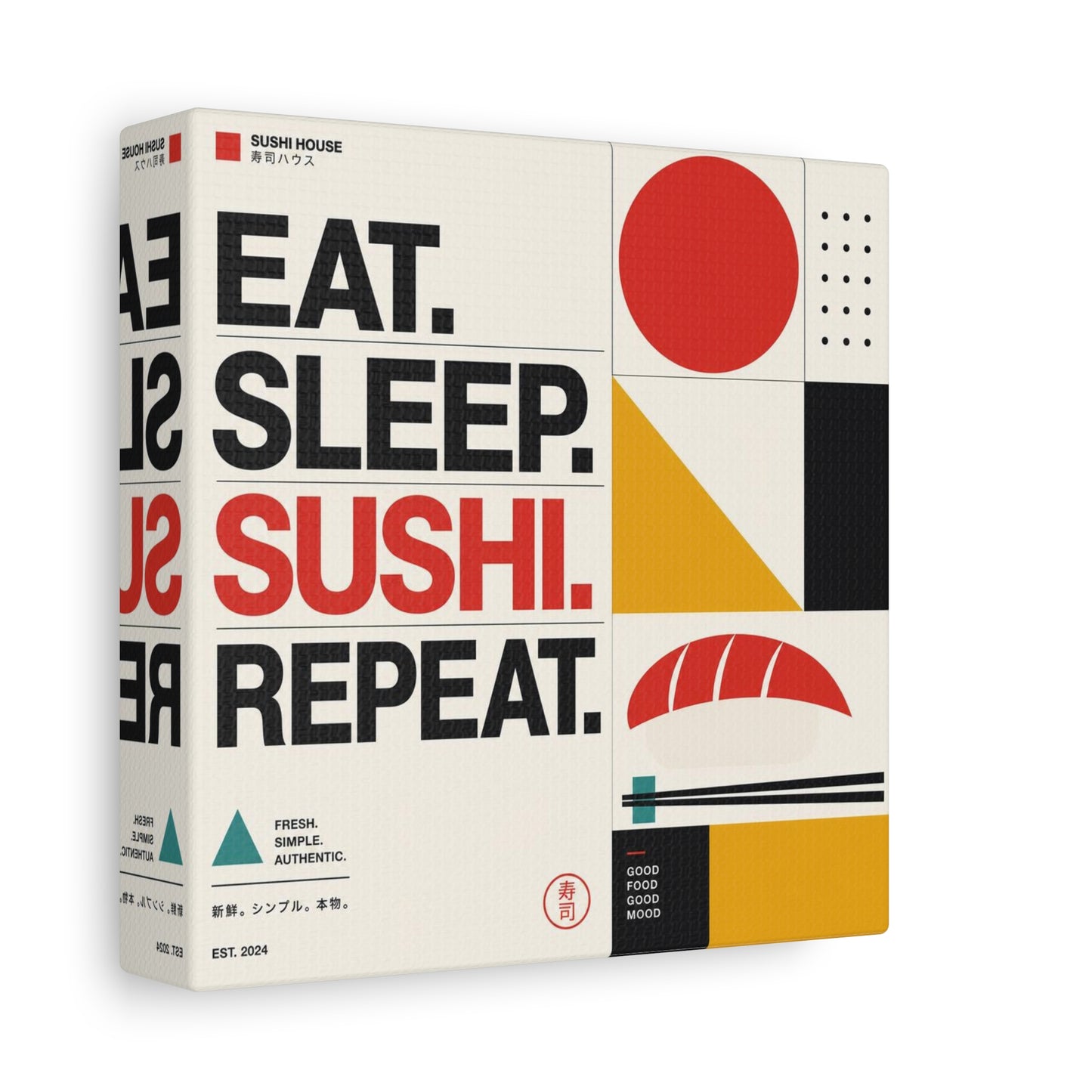 "Eat. Sleep. Sushi. Repeat." Sushi Canvas Wall Art - Japanese Typography Print, Geometric Food Poster Design - Modern Minimalist Cotton Canvas - Cafe Decor, Kitchen Accent, Dining Room Artwork