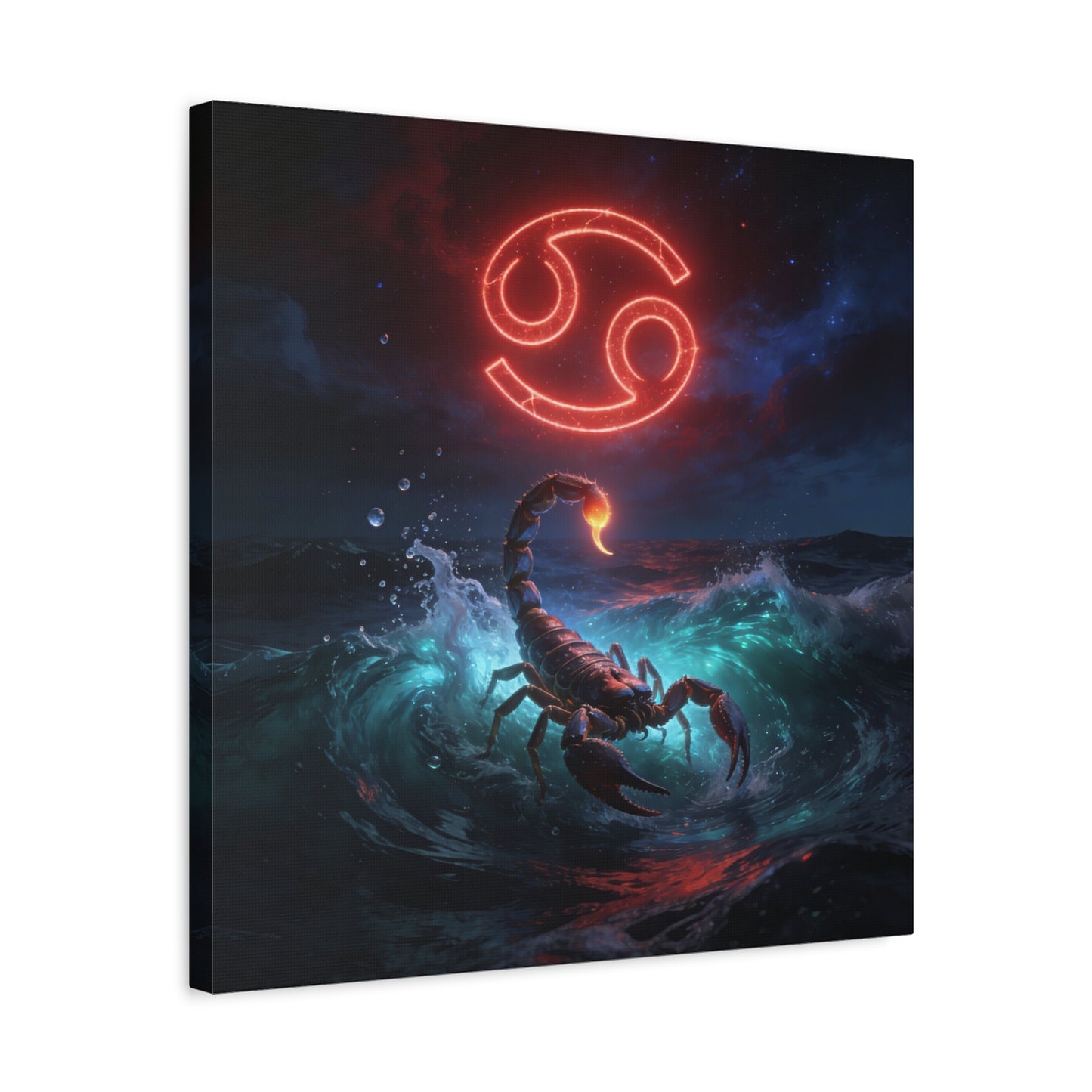 Cancer Zodiac Canvas Wall Art - Neon Crab Ocean Astrology Print, Celestial Night Seascape, Matte Canvas Decor, Bedroom Home Decoration, Living Room Wall Decor, Modern Space Style - Ready to Hang