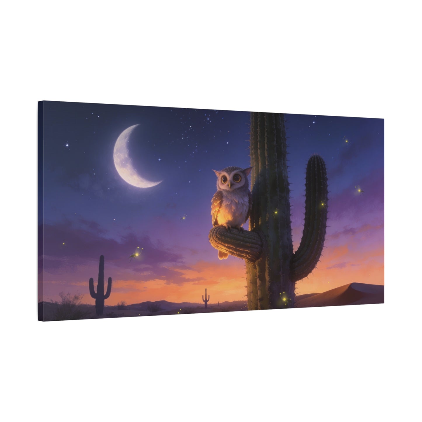 Owl On Saguaro Cactus Canvas Wall Art - Moonlit Desert Night Sky, Fireflies, Twilight Landscape - Matte Cotton Print - Contemporary Wildlife Style - Bedroom Living Room Decor - Living Room Wall Decor
