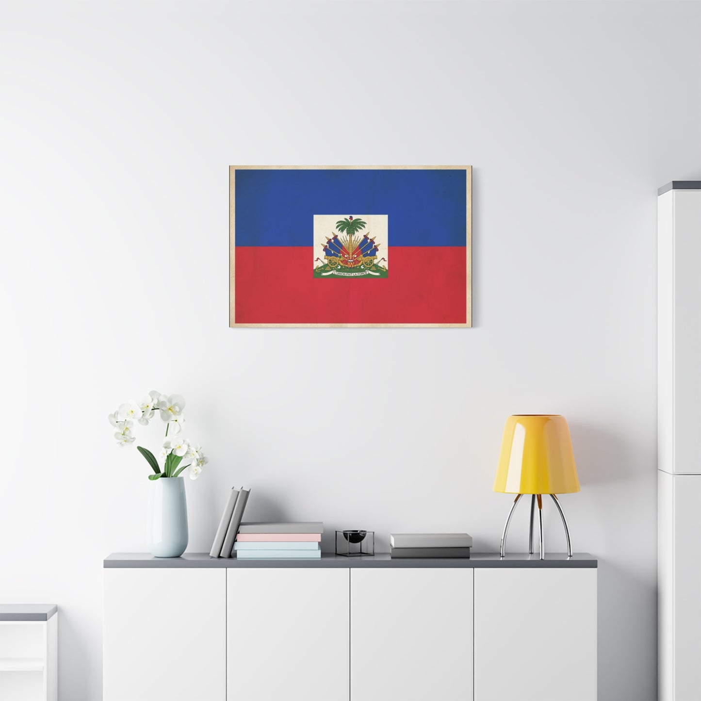 Haiti Flag Canvas Wall Art - Haitian Flag Print With Coat Of Arms, Patriotic Blue Red Banner - Framed Look Matte Canvas - Living Room Wall Decor, Bedroom Home Decoration - Bedroom Home Decoration