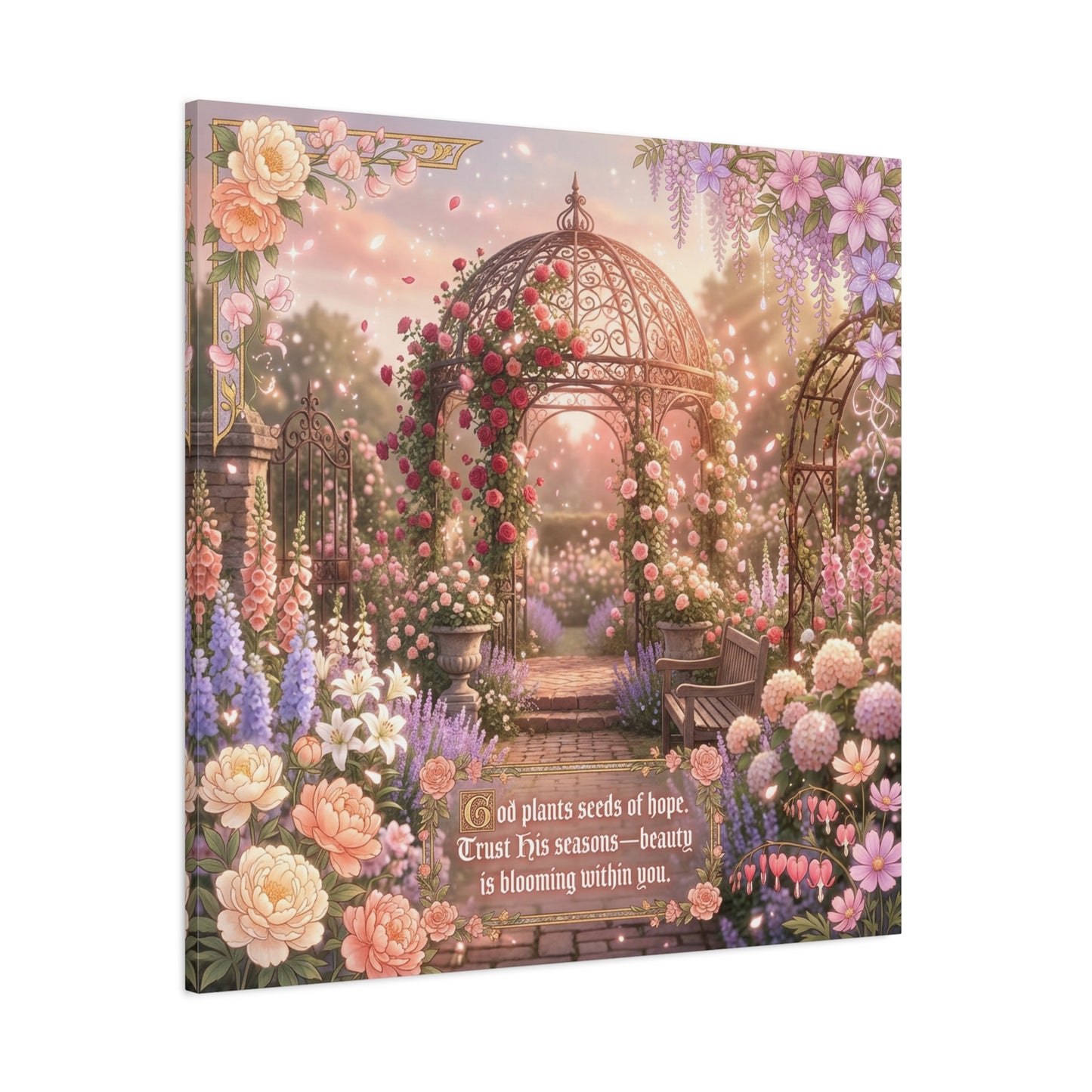 "God Plants Seeds Of Hope" Floral Garden Canvas Wall Art - Romantic Rose Gazebo Scripture Quote Print - Matte Botanical Cottagecore Decor - Bedroom Living Room Home Decoration - Living Room Wall Decor