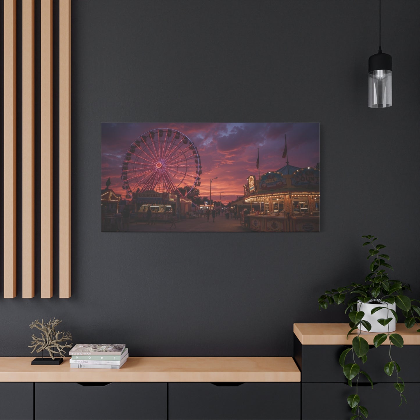 Ferris Wheel Sunset Canvas Wall Art - Carnival Boardwalk Art Print, Purple Pink Sky, Contemporary Nightscape - Living Room Wall Decor, Bedroom Home Decoration, Office Art - Ready to Hang