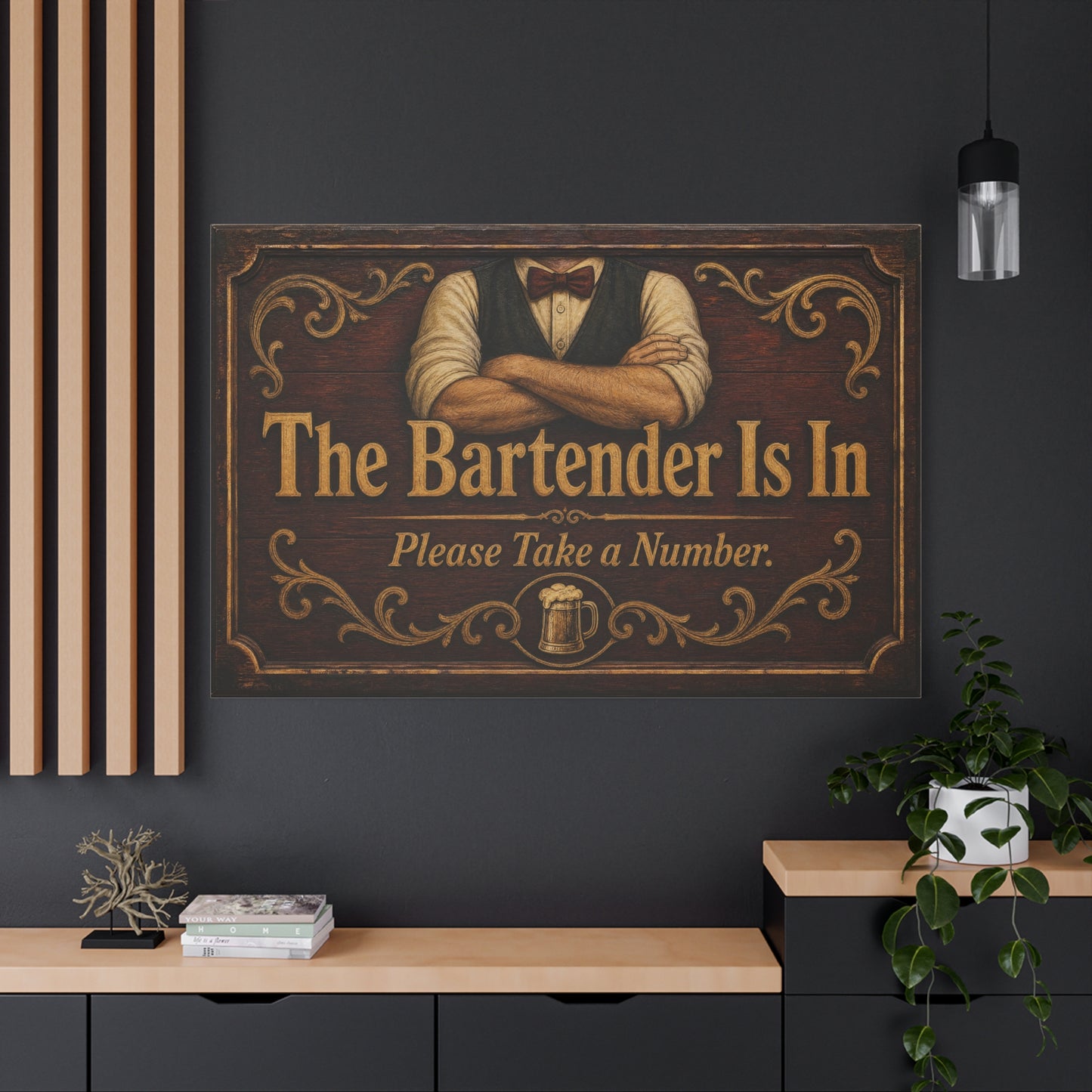 "The Bartender Is In Please Take A Number" Canvas Wall Art - Vintage Rustic Bar Sign Decor, Brown Woodgrain Tavern Style, Home Bar Decoration, Pub Room Accent - Ready to Hang - Pub Wall Art