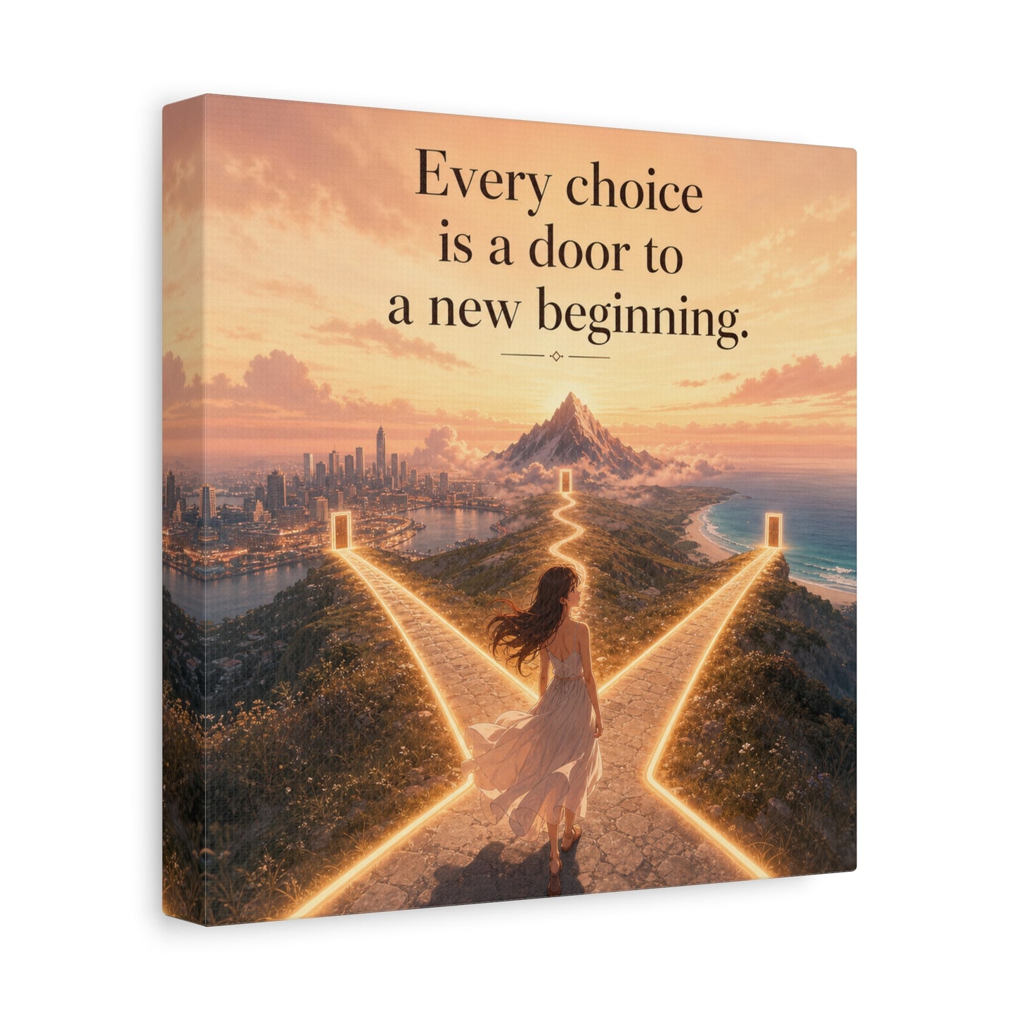 "Every Choice Is A Door To A New Beginning." Inspirational Canvas Wall Art - Woman At Glowing Crossroads Path, Mountain And Coast Dreamscape - Modern Typography Decor For Bedroom Office