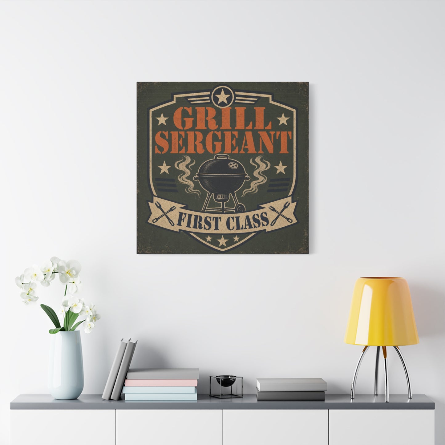 "Grill Sergeant First Class" BBQ Canvas Wall Art - Vintage Grill Badge Sign, Rustic Patriotic Kitchen Decor, Retro Barbecue Poster Style, Man Cave Wall Decor - Ready to Hang - Bedroom Home Decoration