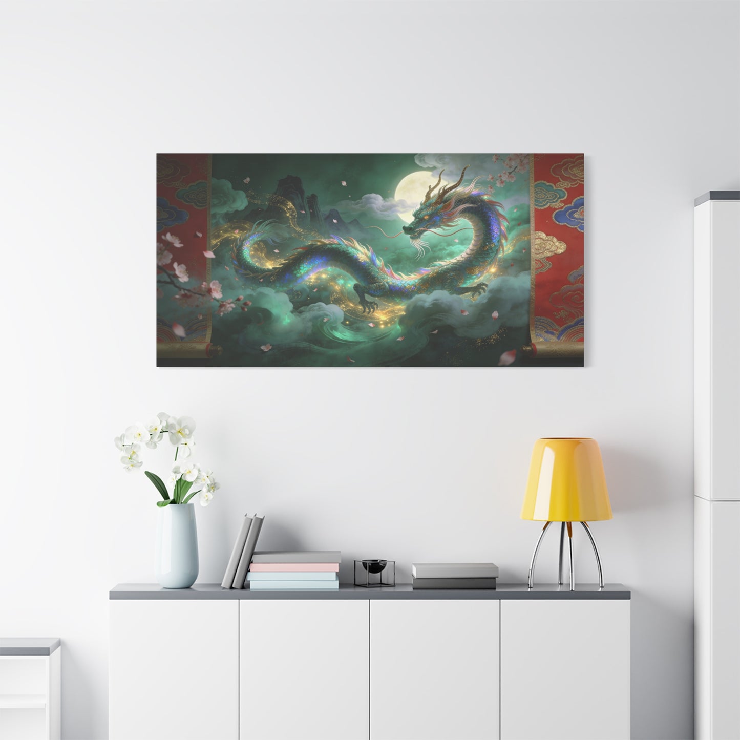 Moonlit Chinese Dragon Canvas Wall Art - Fantasy Cloudscape, Cherry Blossoms, Gold Accents - Luminous Asian Illustration - Living Room Wall Decor, Bedroom Home Decoration - Bedroom Home Decoration