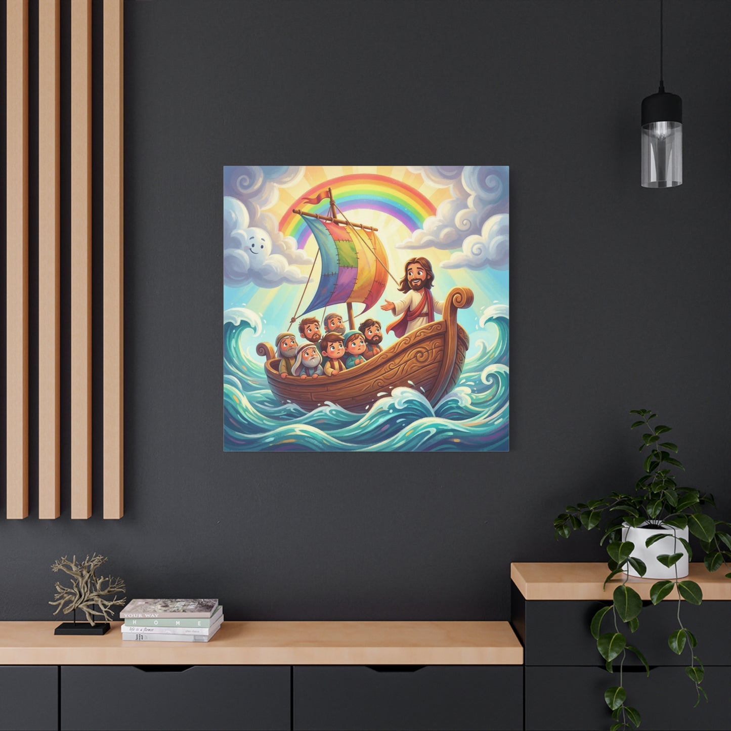 Jesus Boat Canvas Wall Art - Rainbow Sail, Disciples At Sea, Christian Nursery Decor - Matte Cotton Print - Whimsical Religious Style For Kids Bedroom Playroom Home Decoration - Living Room Wall Decor