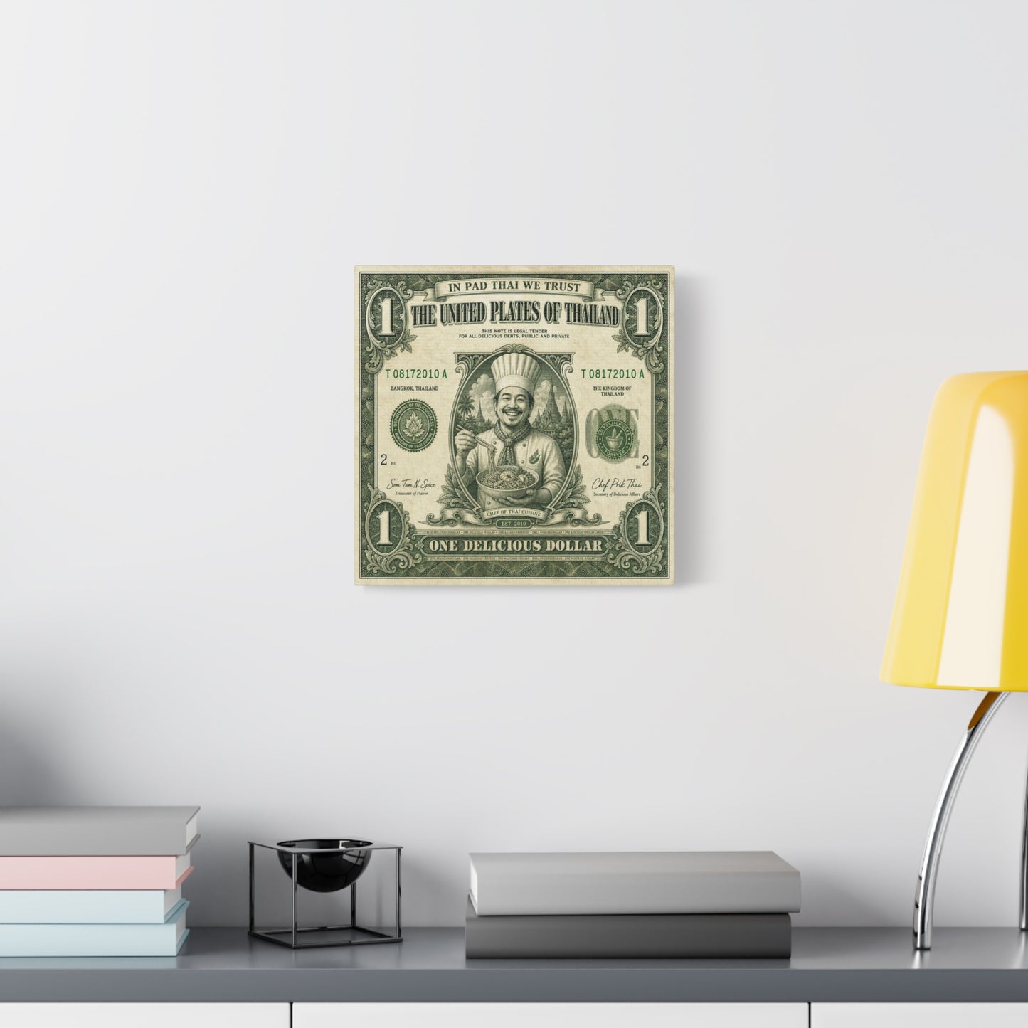 "In Pad Thai We Trust" Typography Canvas Wall Art - Vintage Thai Currency Illustration, Chef Portrait, Bangkok Thailand Food Poster Style - Kitchen Wall Decor, Dining Room Accent - Ready to Hang