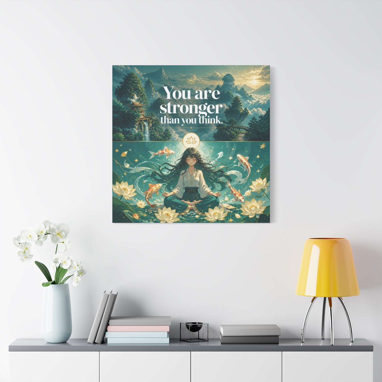"You Are Stronger Than You Think." Inspirational Canvas Wall Art - Meditating Girl, Koi Fish, Lotus Lake - Zen Fantasy Landscape - Bedroom Wall Decor, Meditation Space, Jellyfish Room Decor