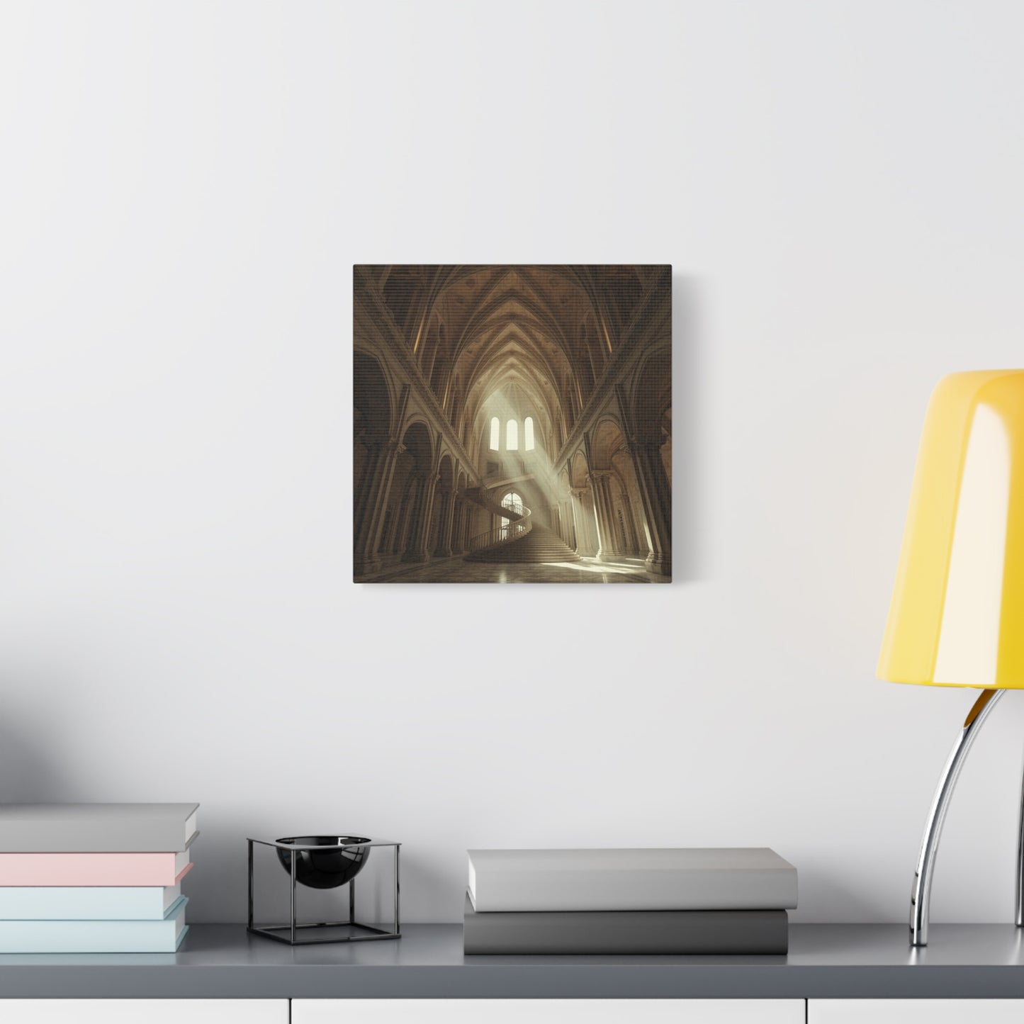 Gothic Cathedral Interior Canvas Wall Art - Sunlit Spiral Staircase, Religious Architecture Print - Matte Cotton Canvas - Traditional Style - Living Room Wall Decor, Office Art - Ready to Hang