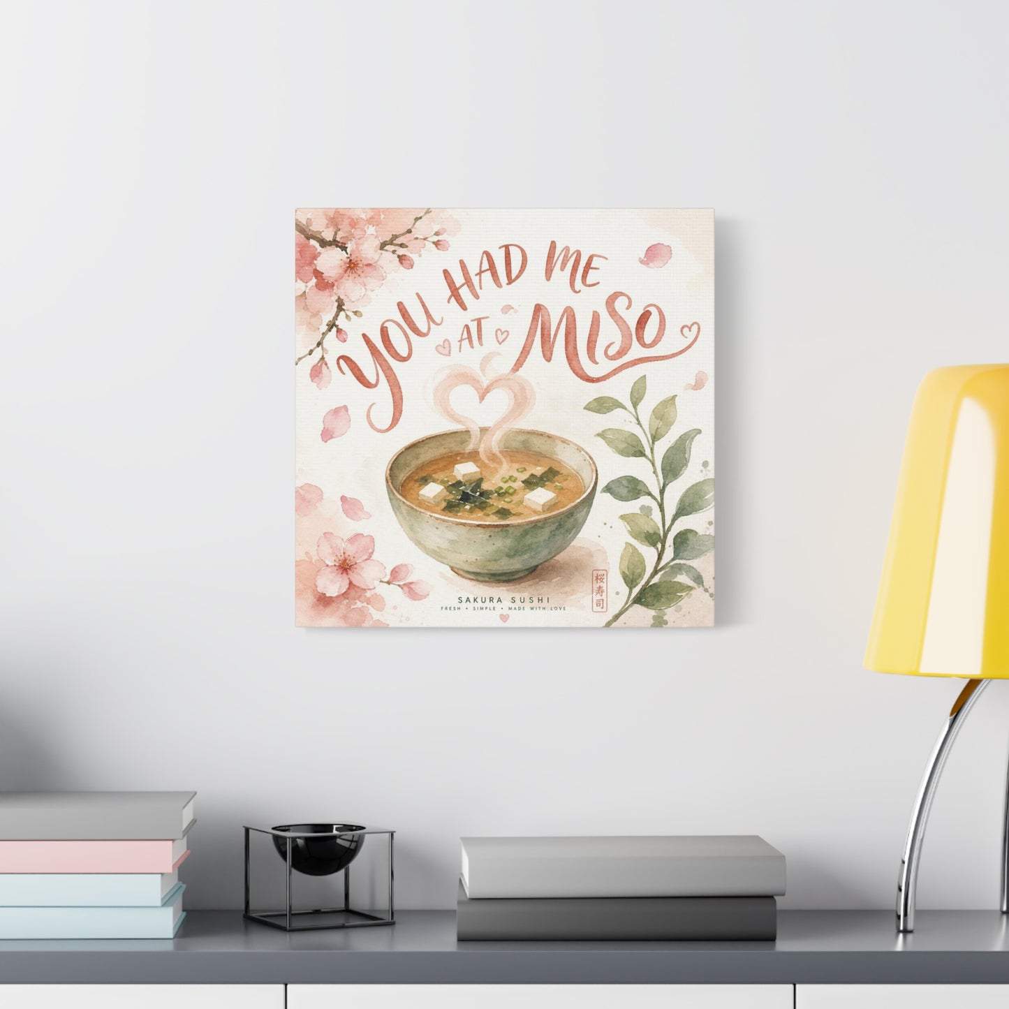 "You Had Me At Miso" Canvas Wall Art - Watercolor Soup Bowl, Cherry Blossom Typography - Japanese Food Illustration, Pink Botanical Style - Kitchen Wall Decor, Dining Room Accent - Ready to Hang