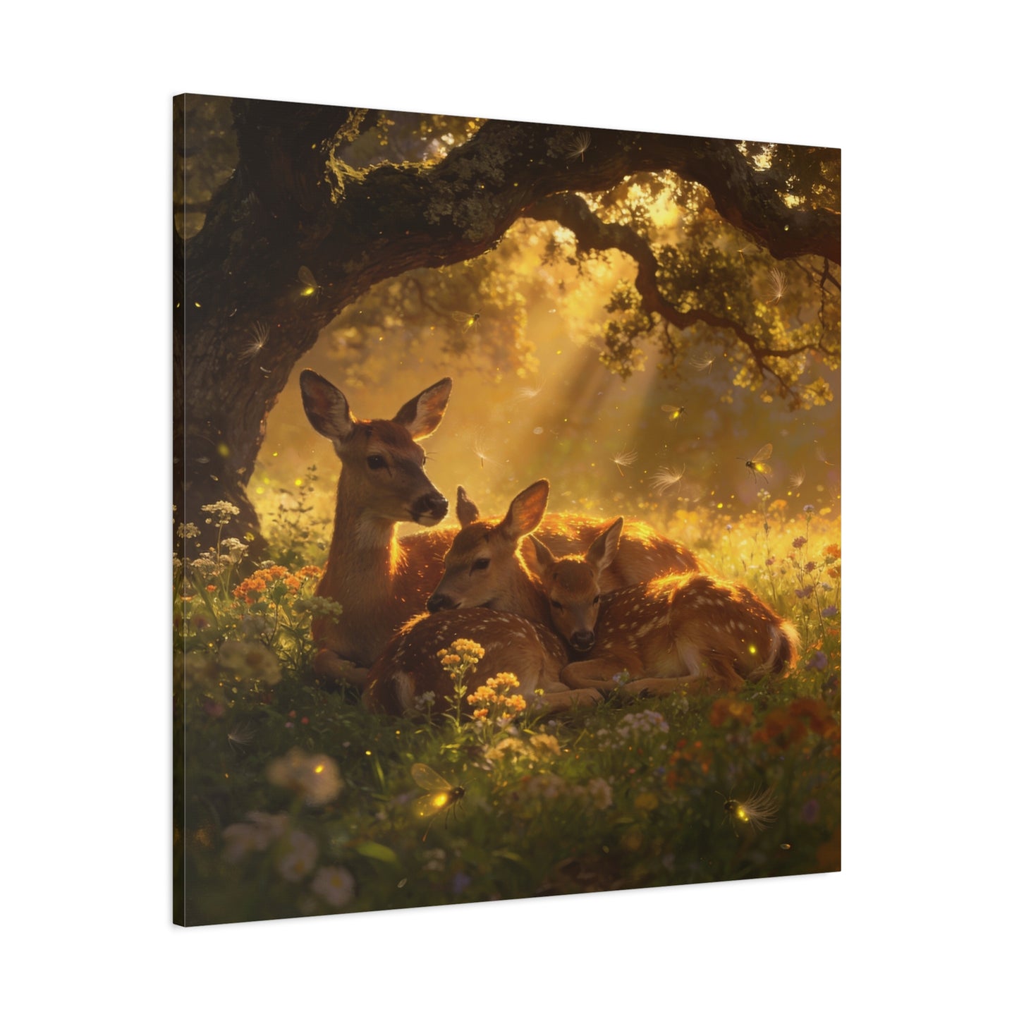 Doe And Fawns Canvas Wall Art - Woodland Deer Family In Golden Light, Whimsical Nature Scene - Matte Finish Cotton Print - Rustic Traditional Style - Bedroom Wall Decor - Bedroom Home Decoration