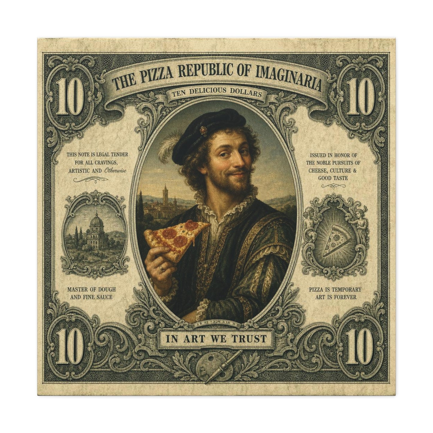 "The Pizza Republic Of Imaginaria" Canvas Wall Art - Vintage Typography Portrait Print, Renaissance Pizza Note Design, Eclectic Office Wall Decor, Cafe Wall Art, Humor Canvas - Reception Area Decor