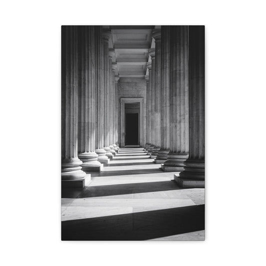 Black And White Classical Column Hallway Canvas Wall Decor - Architectural Art Print, Dramatic Light And Shadow, Minimalist Interior Accent - Living Room Decoration Office Display