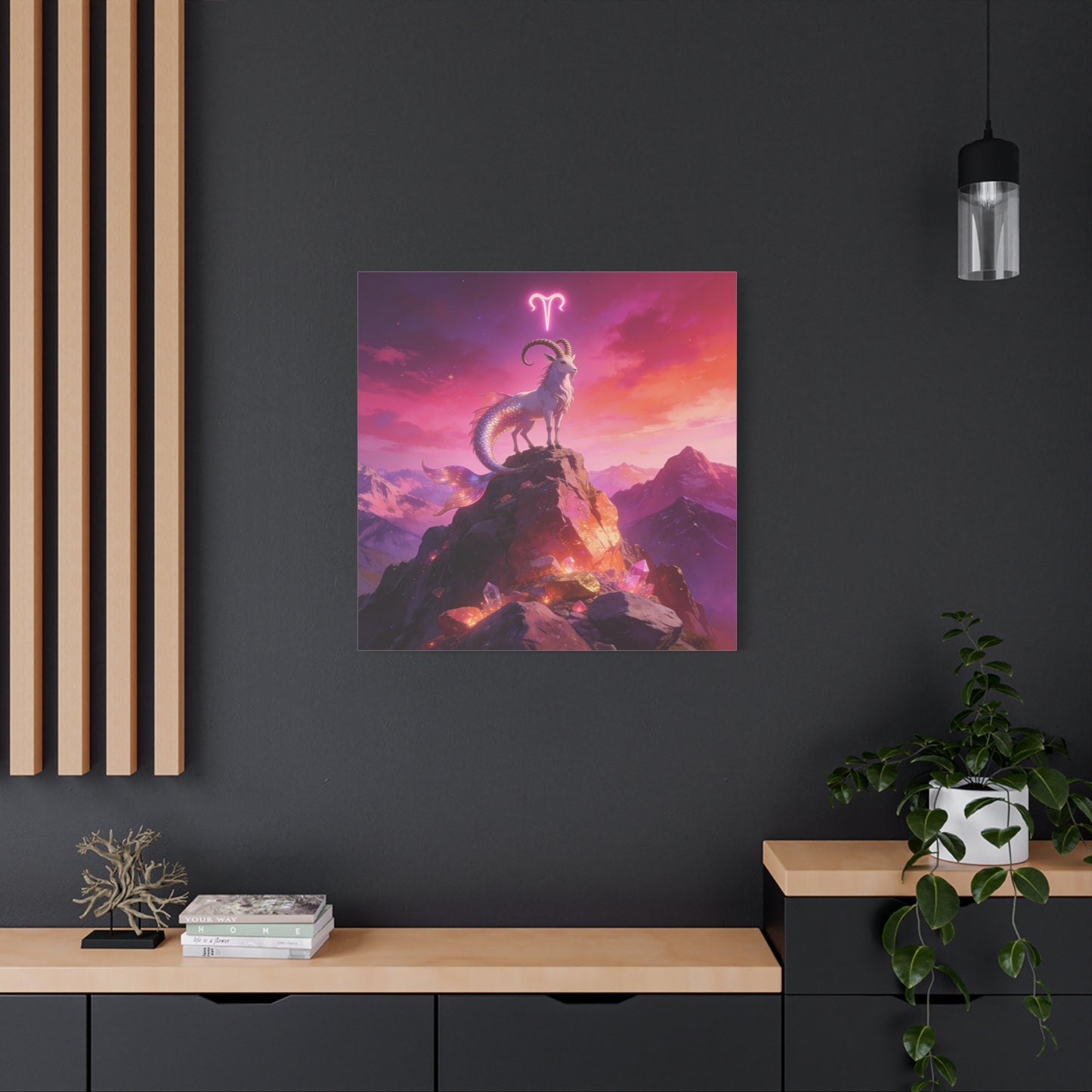 Aries Zodiac Mermaid Goat Canvas Wall Art - Fantasy Mountain Crystal Scene - Pink Purple Celestial Illustration - Modern Mystical Decor, Bedroom Home Decoration, Office Wall Art - Ready to Hang