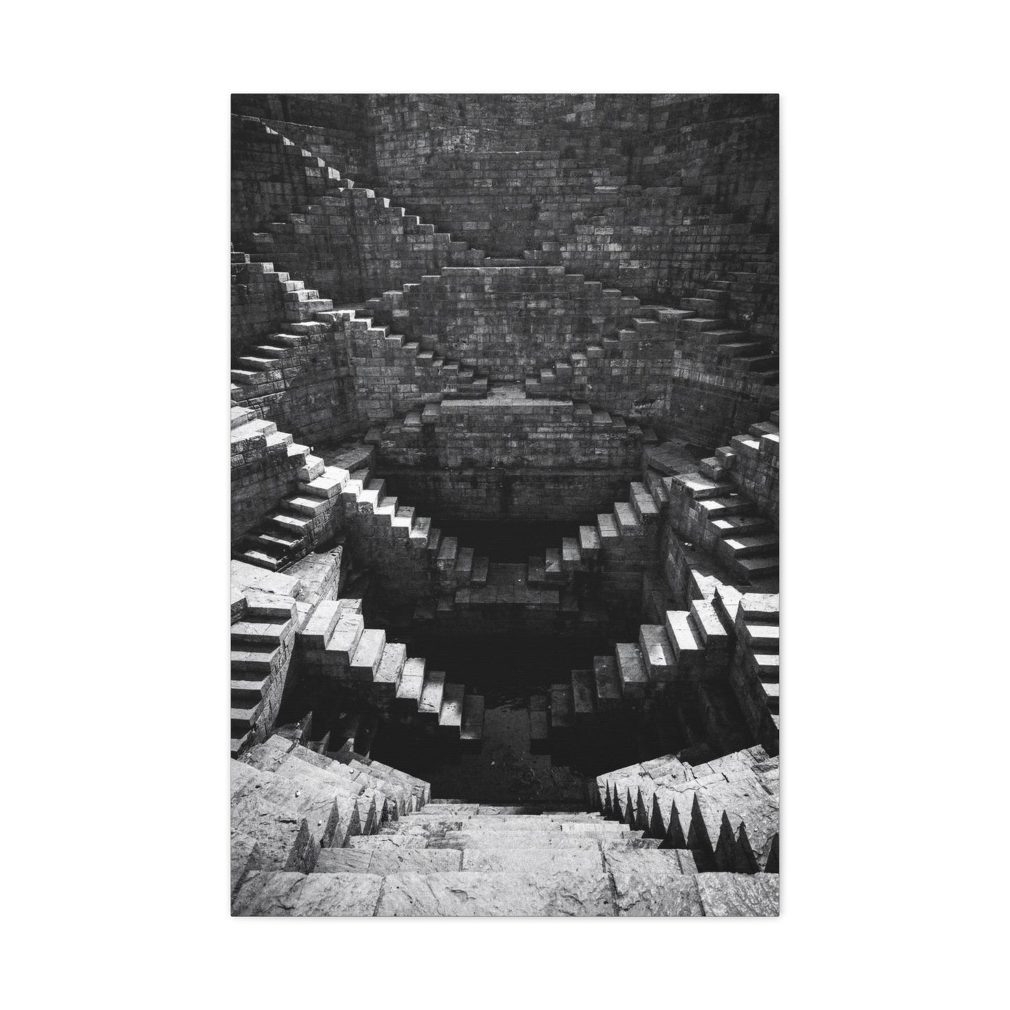 Black And White Stepwell Canvas Wall Art - Architectural Staircase Art Print, Moody Monochrome Stone Geometry - Contemporary Wall Decor For Living Room, Office, Entryway - Ready to Hang