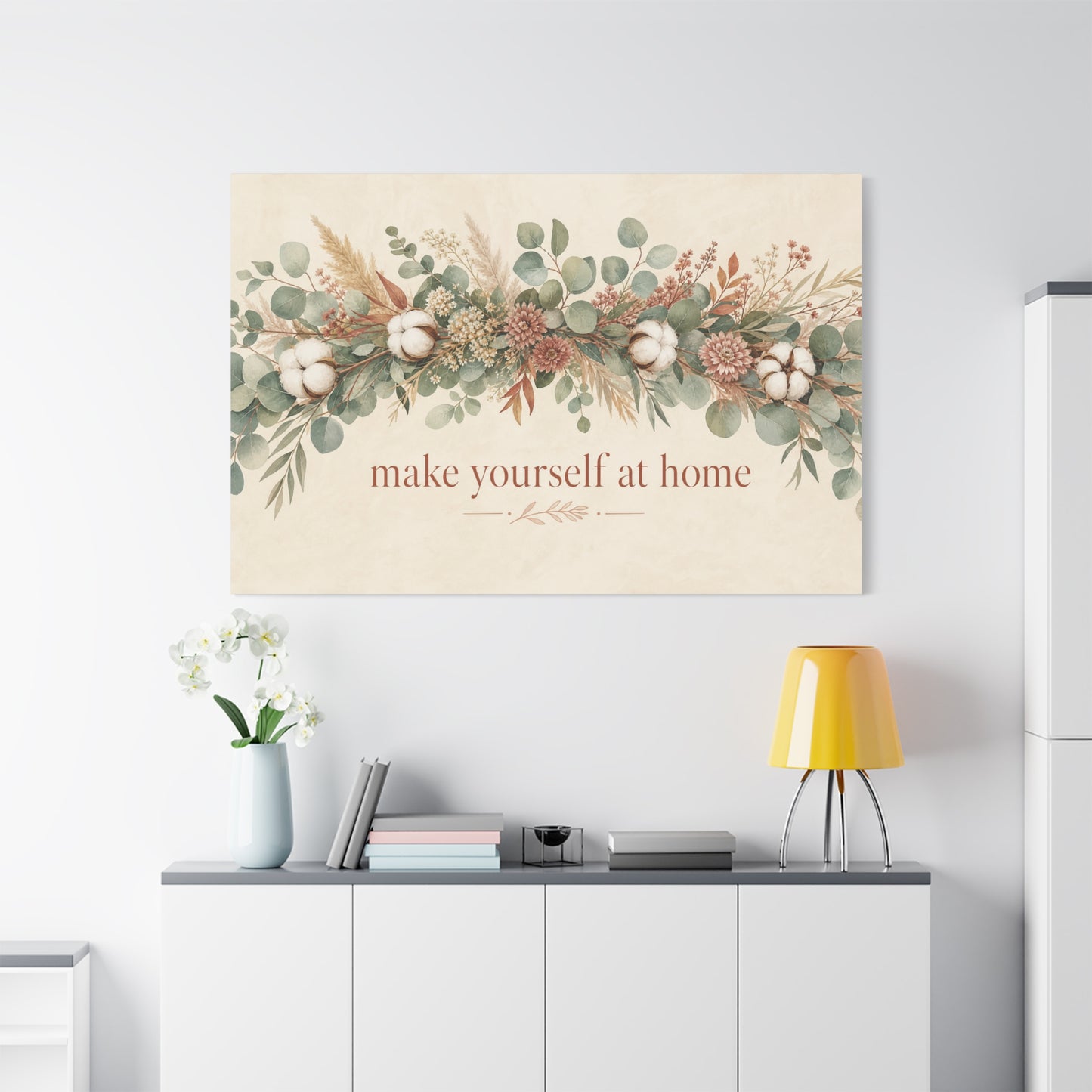 "Make Yourself At Home" Botanical Canvas Wall Art - Eucalyptus Cotton Stem Floral Quote Print - Rustic Farmhouse Style - Living Room Wall Decor - Modern Farmhouse Style - Bedroom Home Decoration