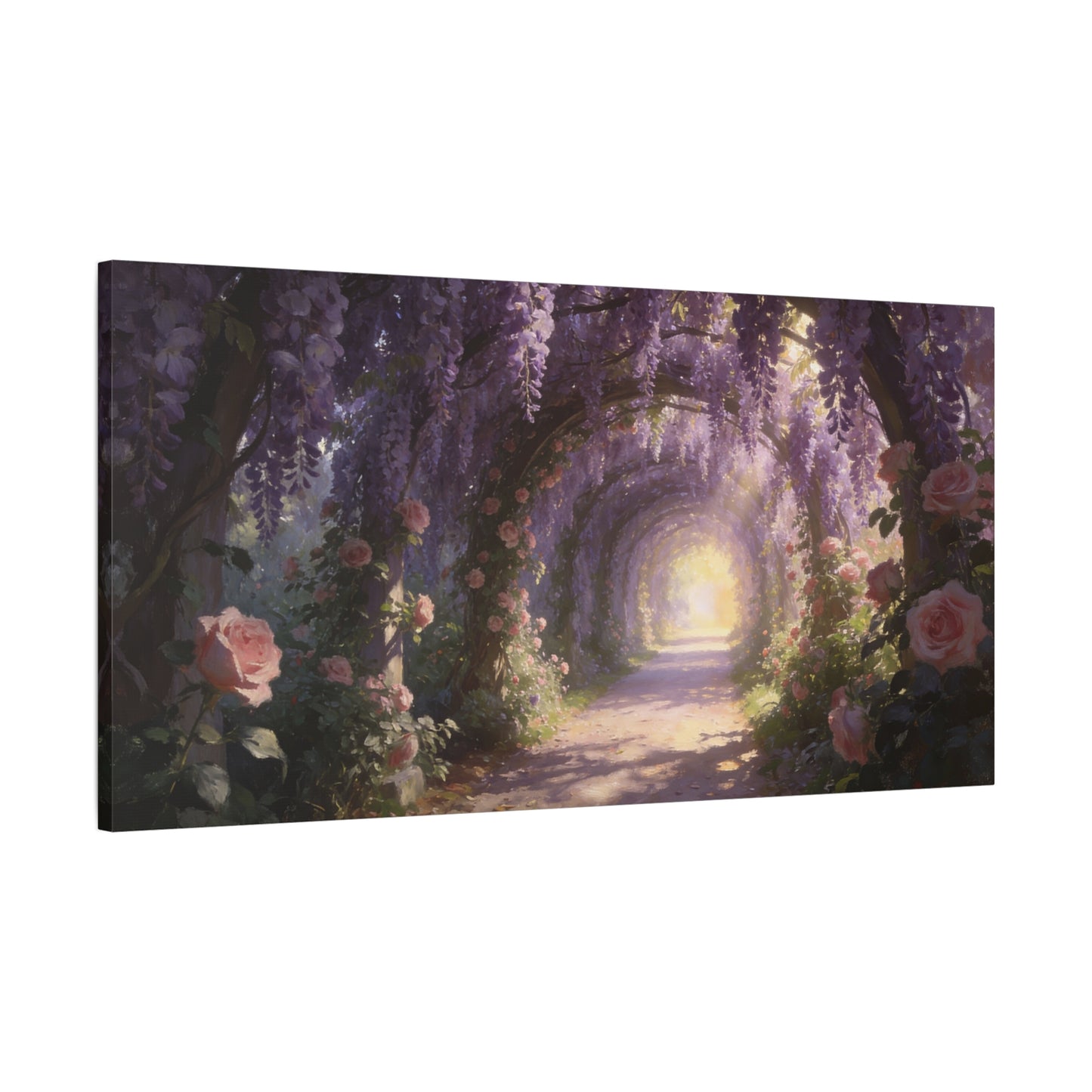 Wisteria Rose Garden Path Canvas Wall Art - Dreamy Floral Tunnel, Luminous Painterly Scene - Gallery Wrapped Cotton Print - Bedroom Wall Decor, Bohemian Home Accent - Bedroom Home Decoration