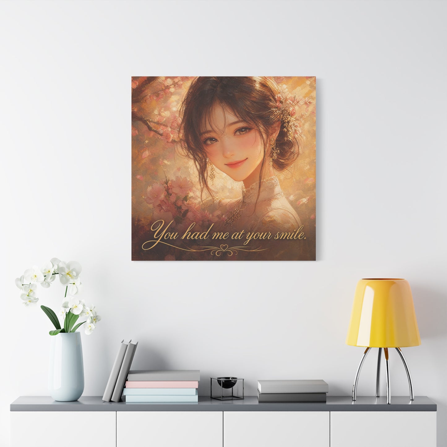 You Had Me At Your Smile Portrait Canvas Wall Art - Romantic Floral Woman Quote Print - Golden Blush Illustration - Traditional Style Living Room Decor - Ready to Hang - Living Room Wall Decor