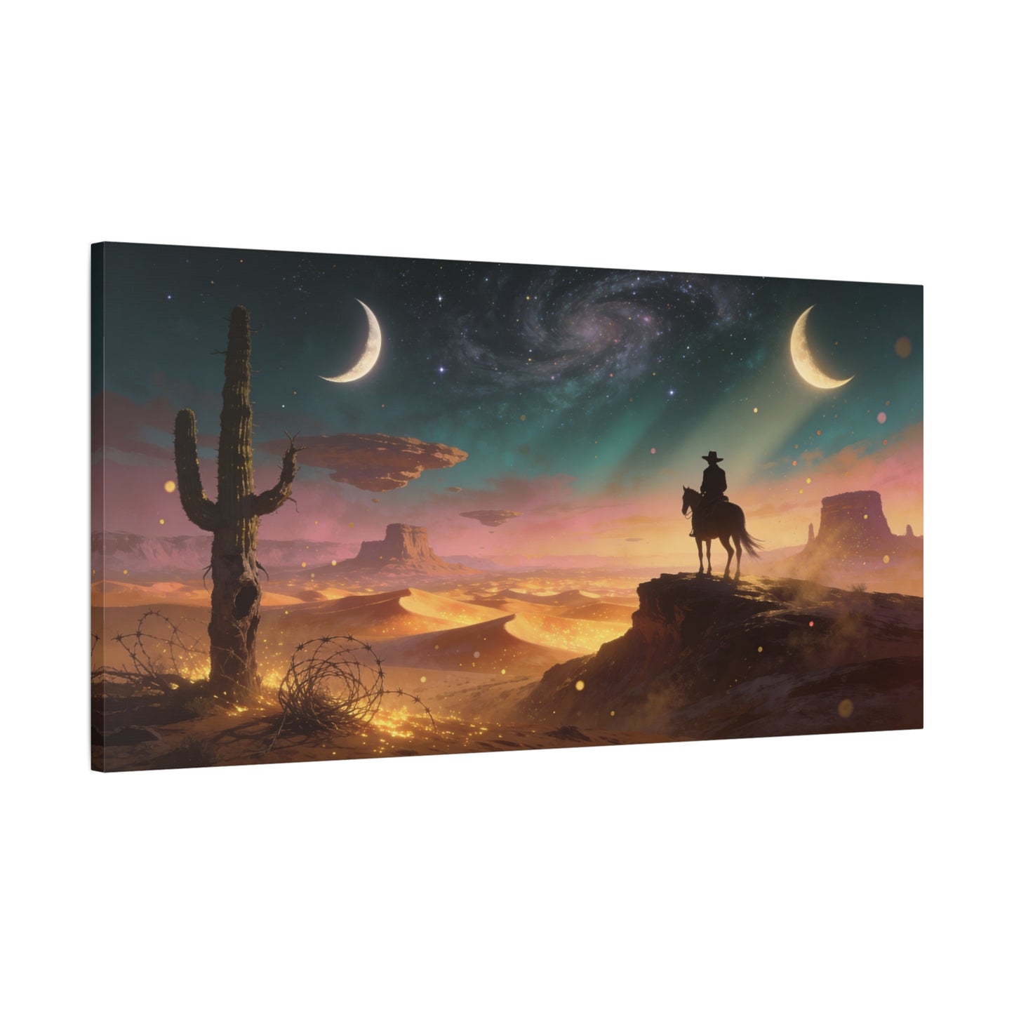 Surreal Desert Cowboy Canvas Wall Art - Crescent Moons, Galaxy Sky, Saguaro Silhouette - Matte Cotton Art Print - Contemporary Western Style, Living Room Wall Decor, Office Accent - Ready to Hang