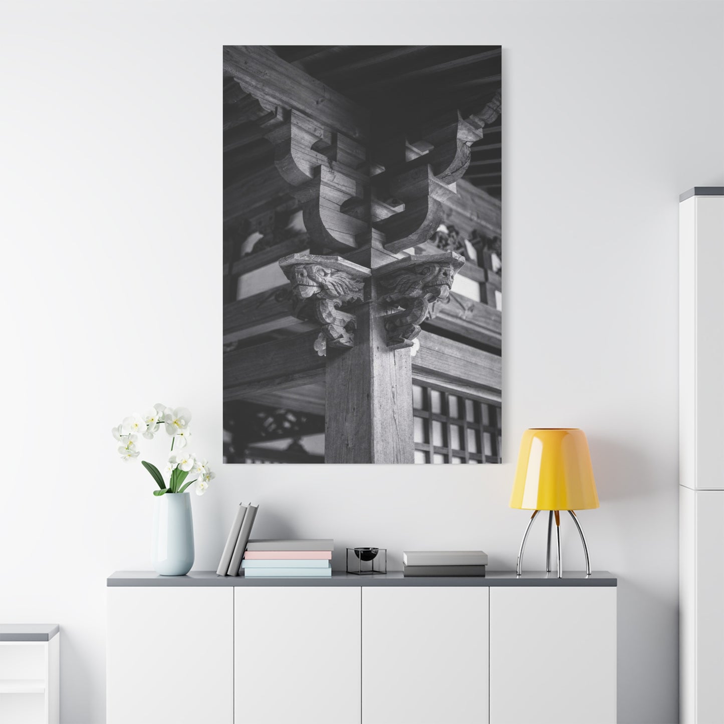 Japanese Temple Architecture Canvas Wall Art - Black And White Wooden Carved Bracket Art Print - Traditional Zen Style - Living Room Wall Decor, Bedroom Home Decoration - Bedroom Home Decoration